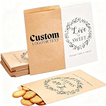 Wtuye Personalized Wedding Favor Paper Bags,Personalized Treat bags,Custom Sweet Cookie Wedding candy bag,Thank you bags for Candy Buffet,Dinner, Engagement Party White and Kraft 13x18cm