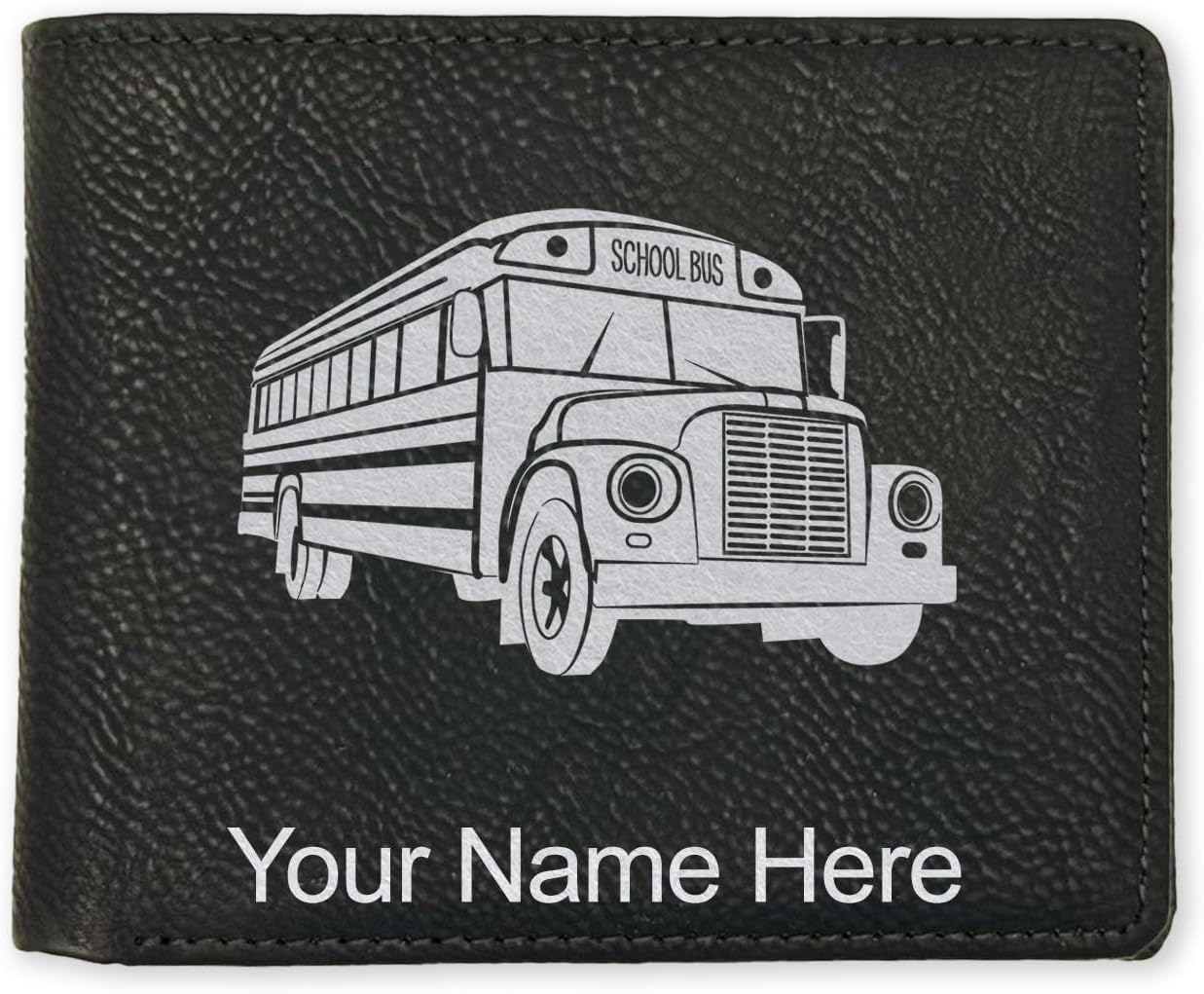 LaserGram Faux Leather Bi-Fold Wallet, School Bus, Personalized Engraving Included (Carbon Fiber Red)