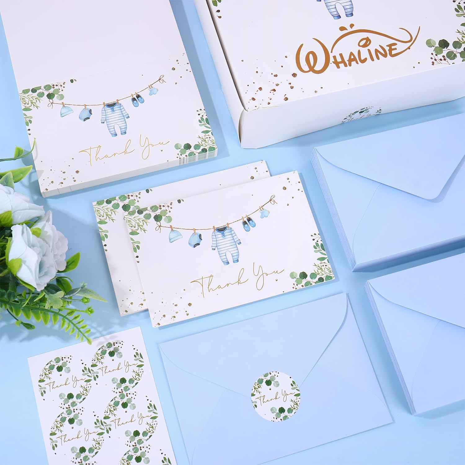 Whaline 100 Pack Baby Shower Thank You Cards Boxed Greeting Cards Blue Baby Cloth Note Card with Envelope Sticker for Birthday Gender Reveal