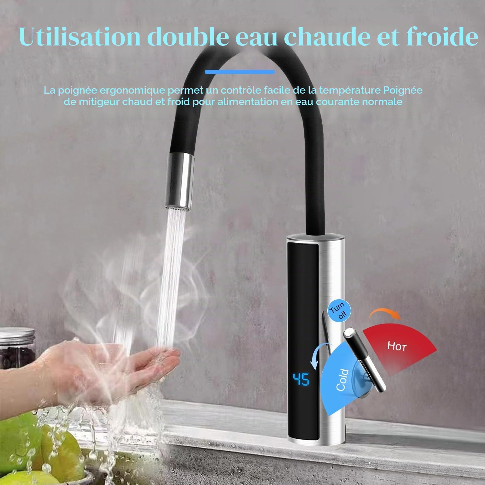 Robinet de chauffe-eau instantané sans réservoir 3000 W 220 V Robinet d'eau chaude électrique pour salle de bain 3 secondes avec affichage numérique de la température (noir)