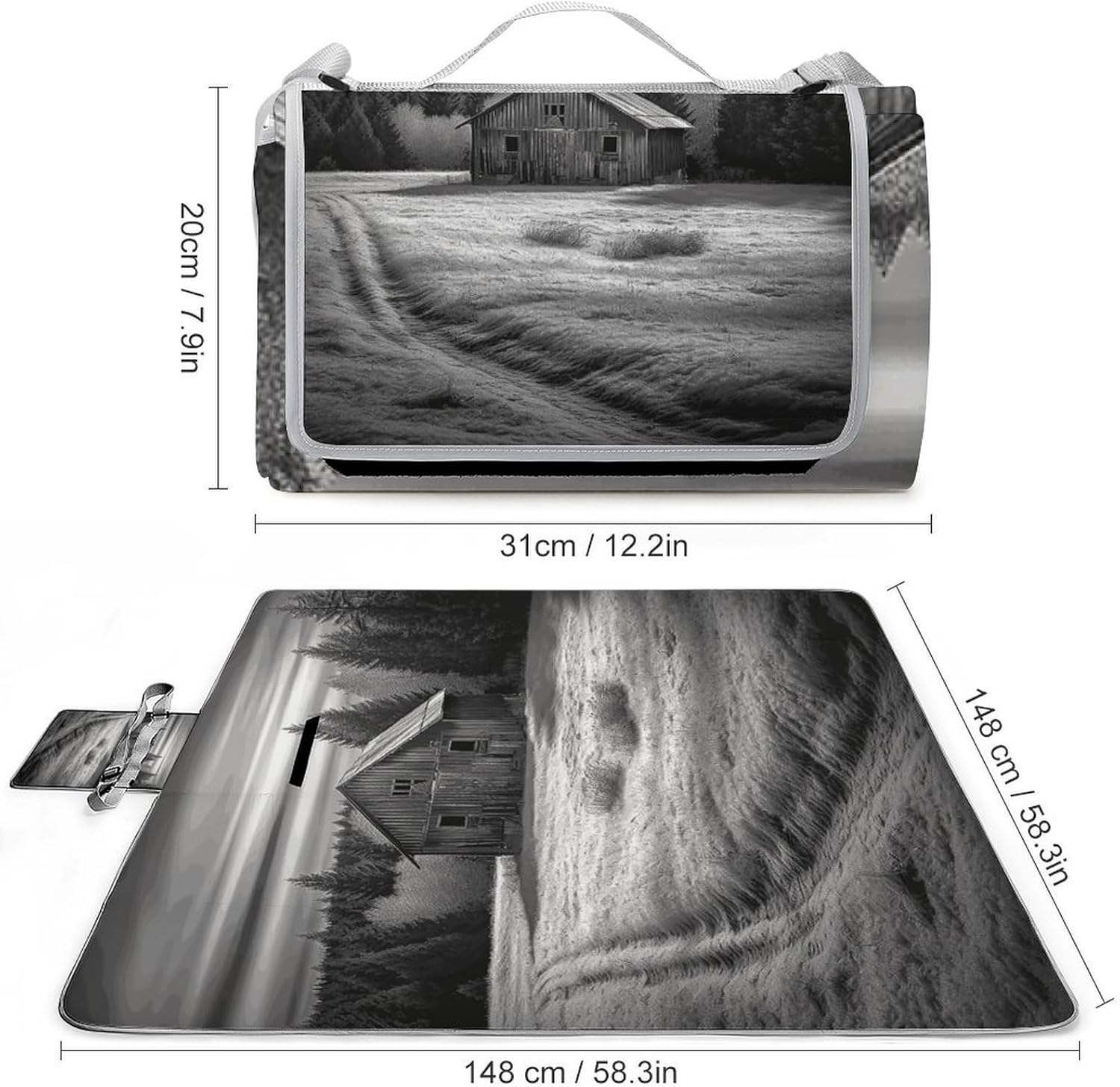 Barn Black and White Waterproof Picnic Blanket 58.3''x58.3'',Portable and Foldable Picnic Mat with Handle,Outdoor Blankets for Lawn Park Beach Travel