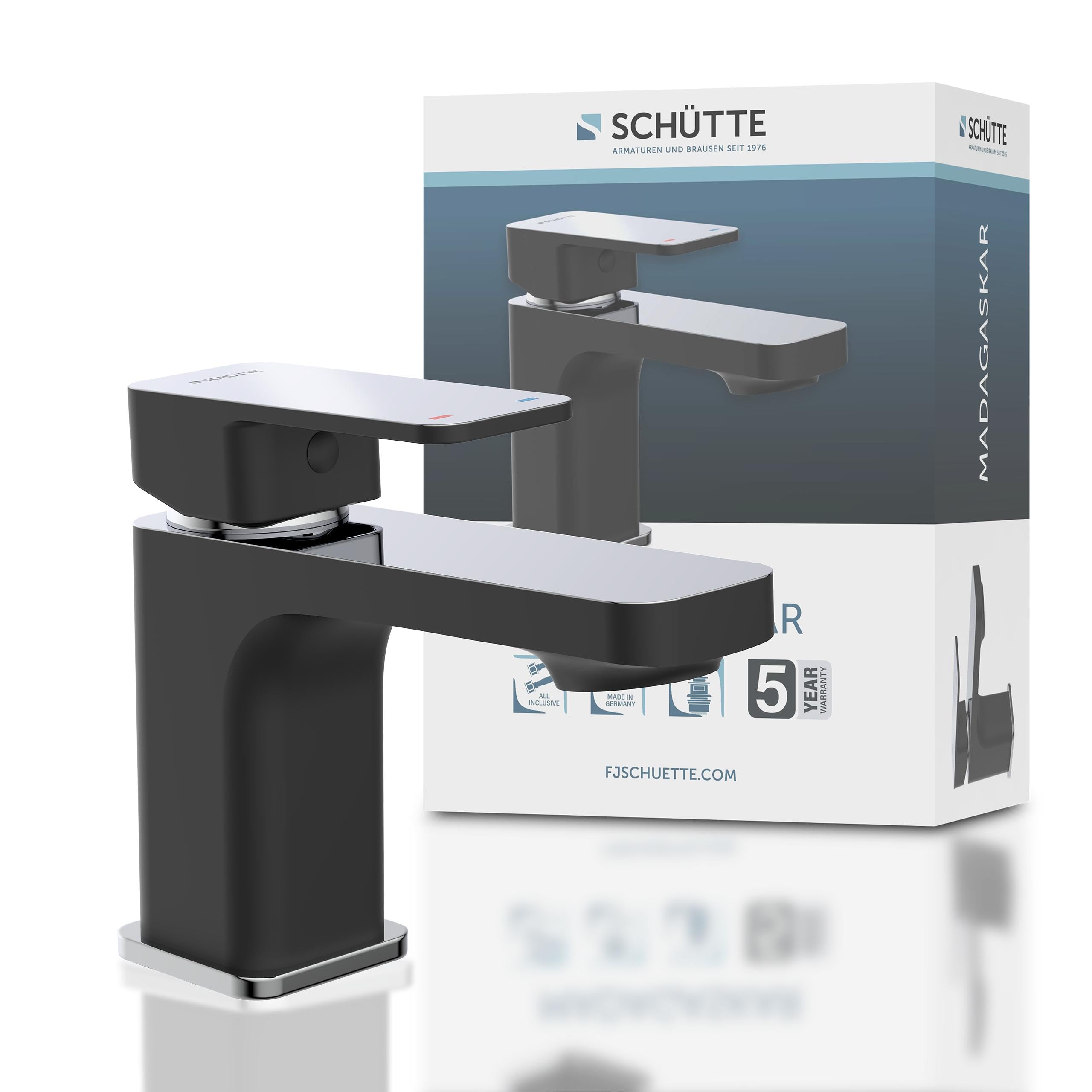 SCHÜTTE 43106 MADAGASKAR Waschtischarmatur mit Ablaufgarnitur, Mischbatterie mit Pop-Up Ventil, Badarmatur Waschbecken, Einhebelmischer Badezimmer, Wasserhahn Bad, Schwarz Chrom
