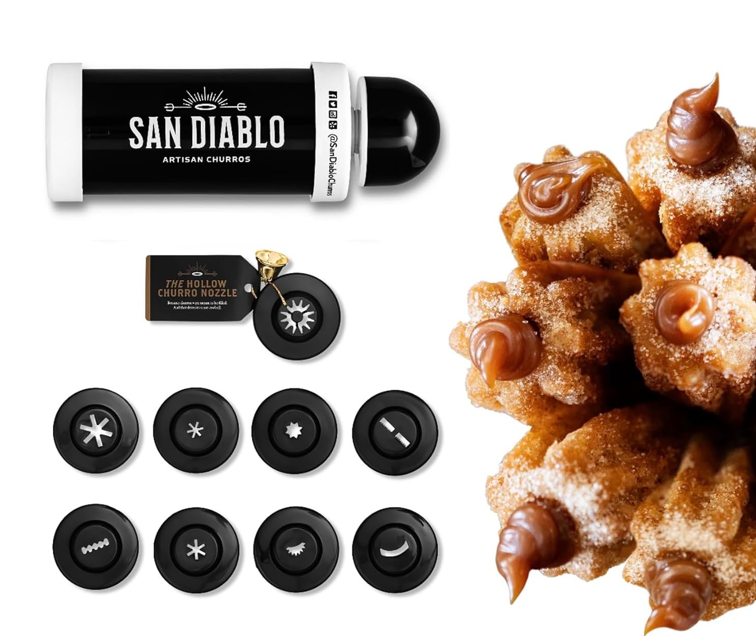 San Diablo Artisan Churros - Gourmet Kitchen Gadget w/hollow nozzle for filled churros + 8 other nozzles + FREE e-book of recipes from top chefs and foodies