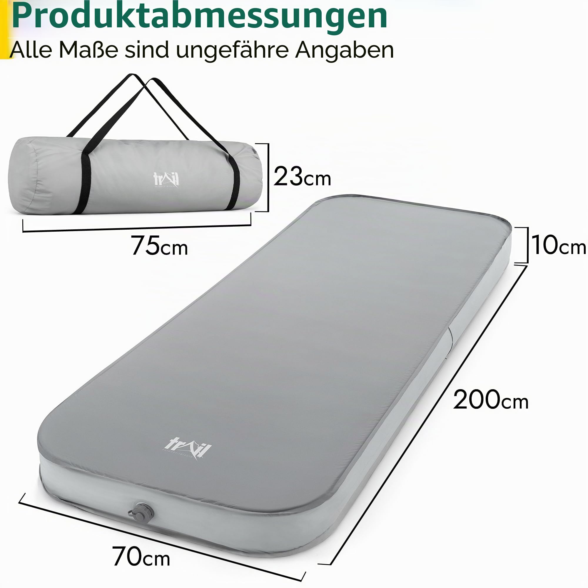 trail outdoor leisure Doppelte Camping Isomatte Selbstaufblasend Ultraleicht, Aufblasbare Isoliermatte, Memory Foam, Verstärkte Seiten, Gebürstetes Obermaterial, mit Tasche (200 cm x 70 cm x 10 cm)