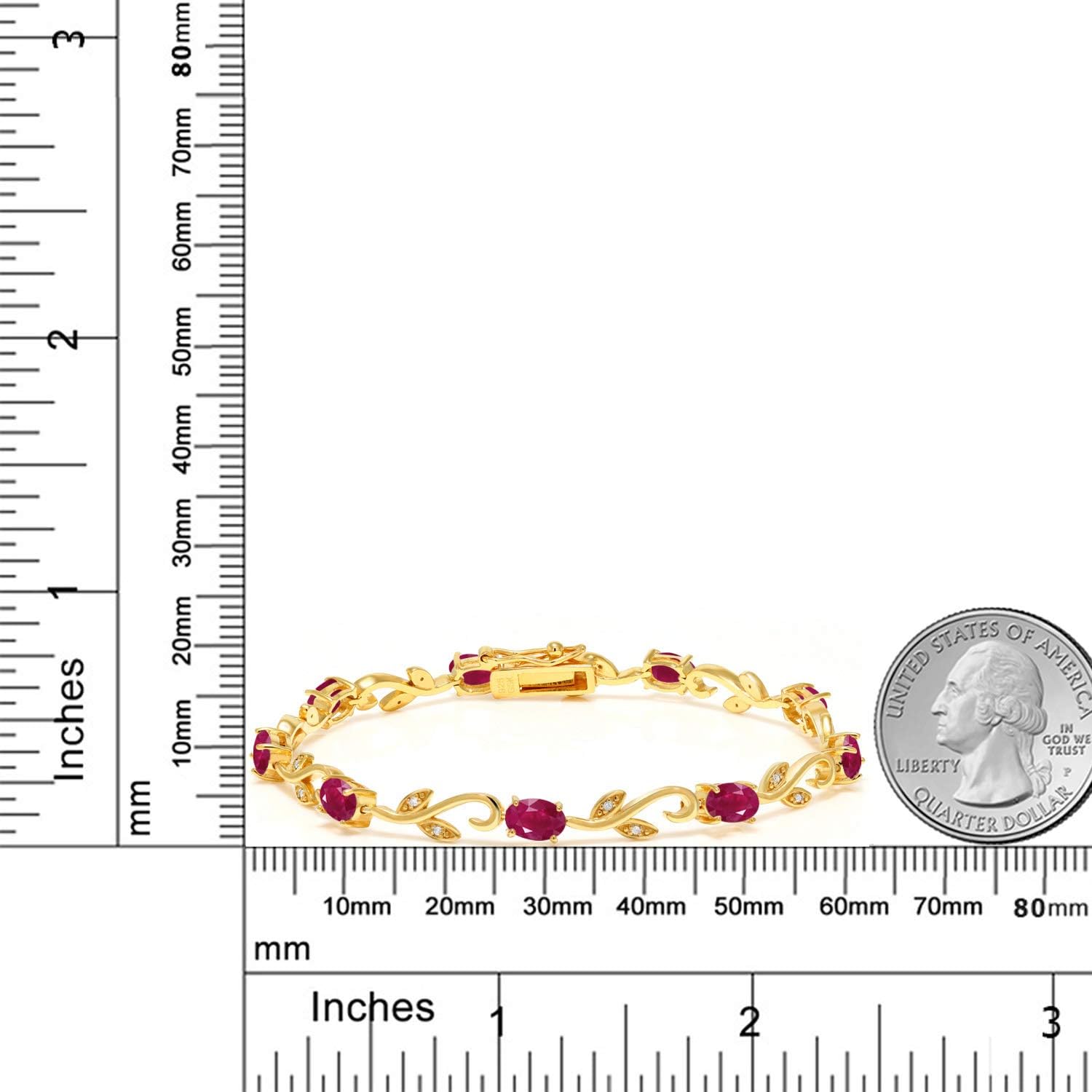 Gem Stone King 18K Yellow Gold Plated Silver 5.53 Ct Oval Ruby Diamond Greek Vine 7 Inch Tennis Bracelet For Women - Image 3