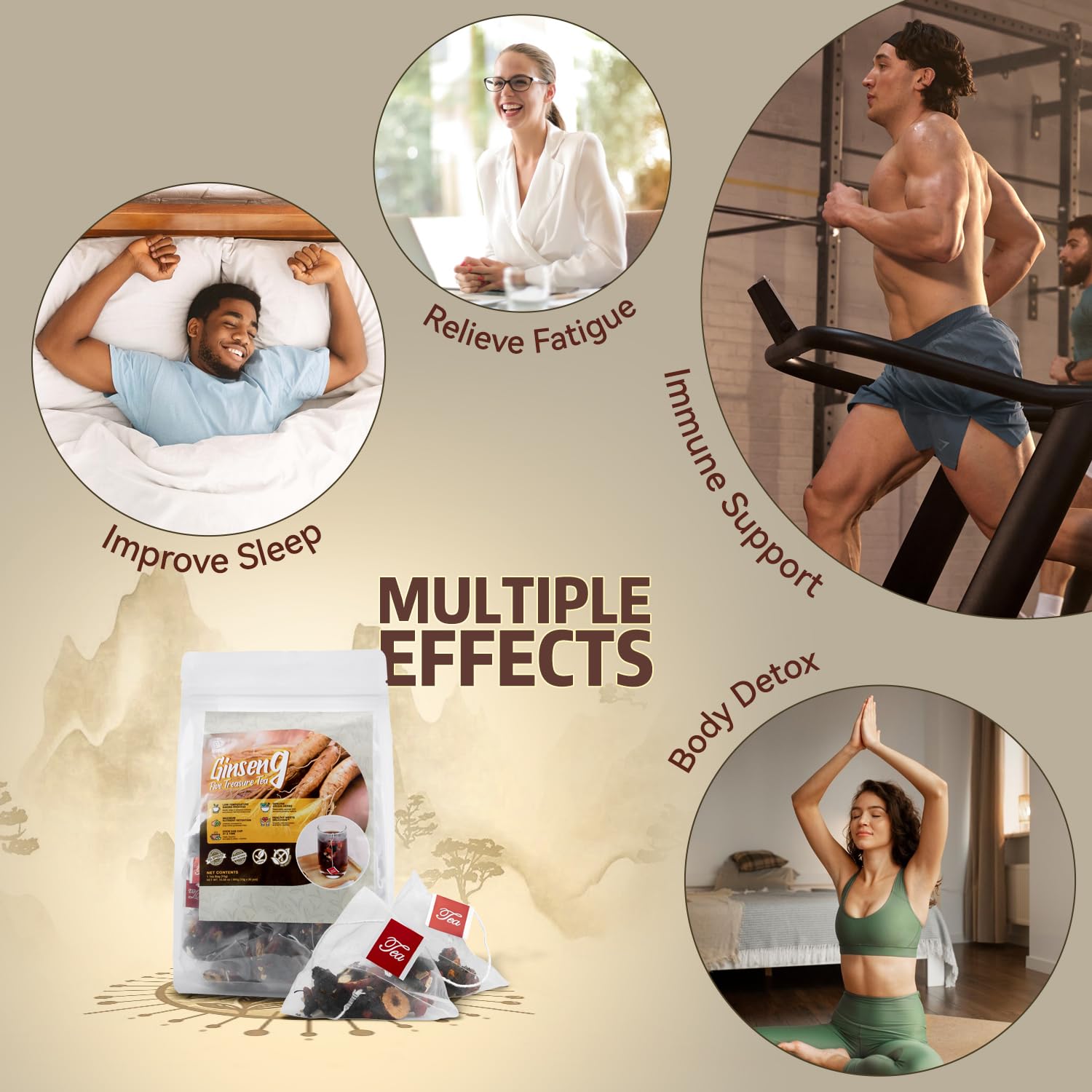 30Pcs Ginseng Five Treasures Kidney Tea,Traditional Chinese Herbal Health Tea,Natural Organic Kidney Cleanse Detox Teabags Gift for Men&Women,8 Precious Ingredients Formula 1 Pack/30Bags