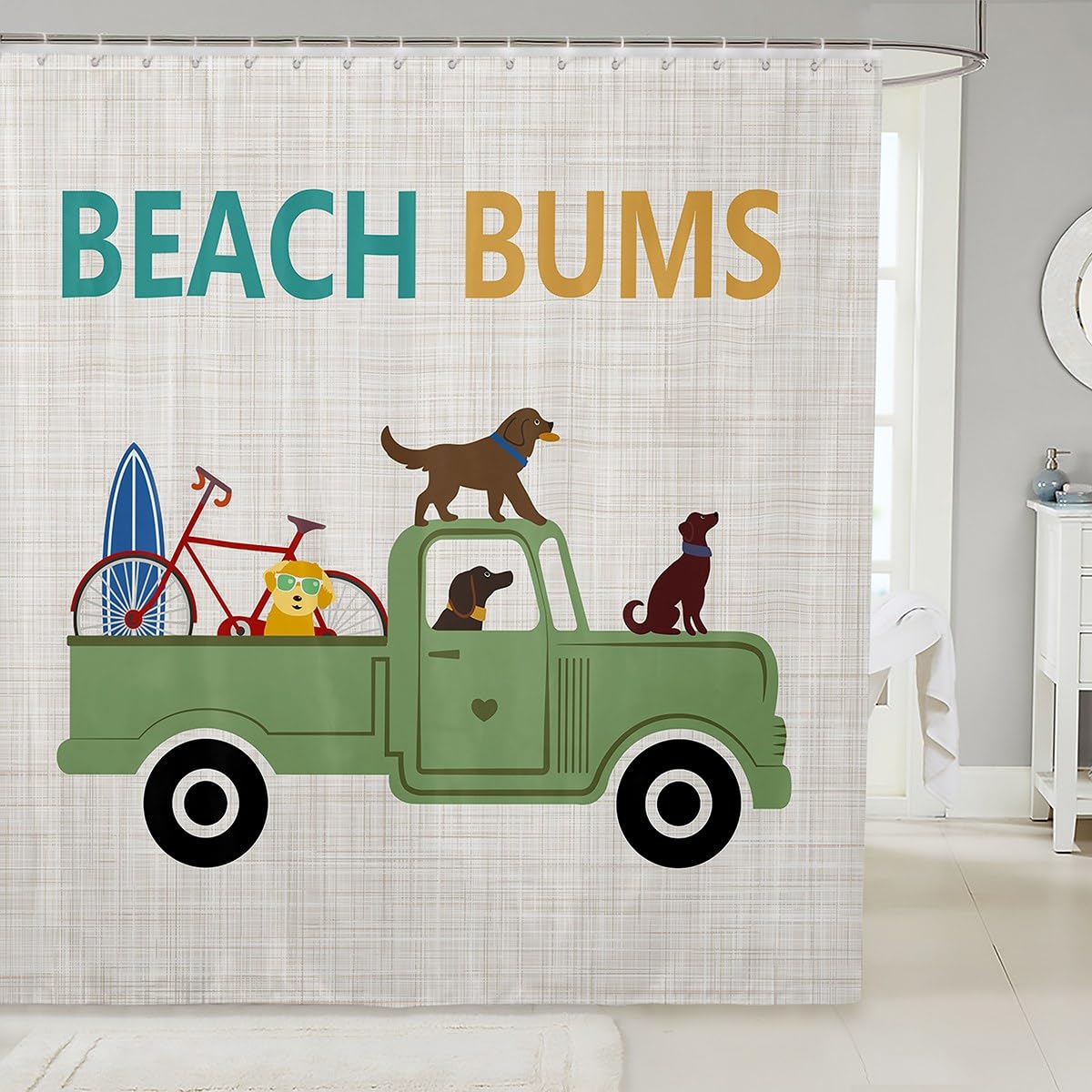 Homewish Cute Dogs Shower Curtain Green Car Bathroom Shower Curtain Set for Kids Adult Summer Surfing Bath Curtain Beach Theme Waterproof Curtains