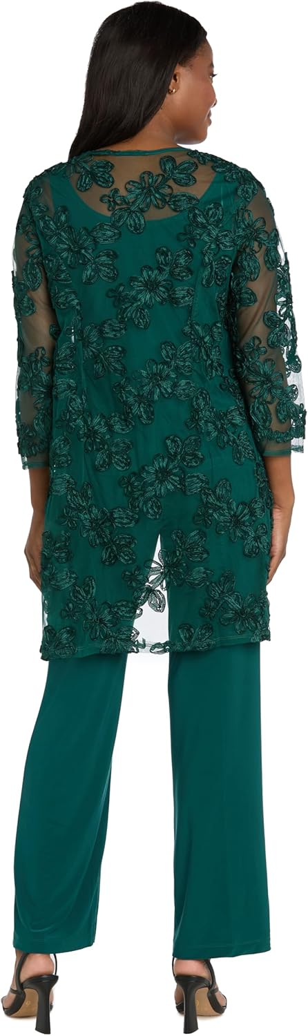 R&M Richards Women's 3-Piece Soutache Ribbon Duster Pantsuit W/Embroidered Jacket, Tank Top W/Necklace & Straight Leg Pants