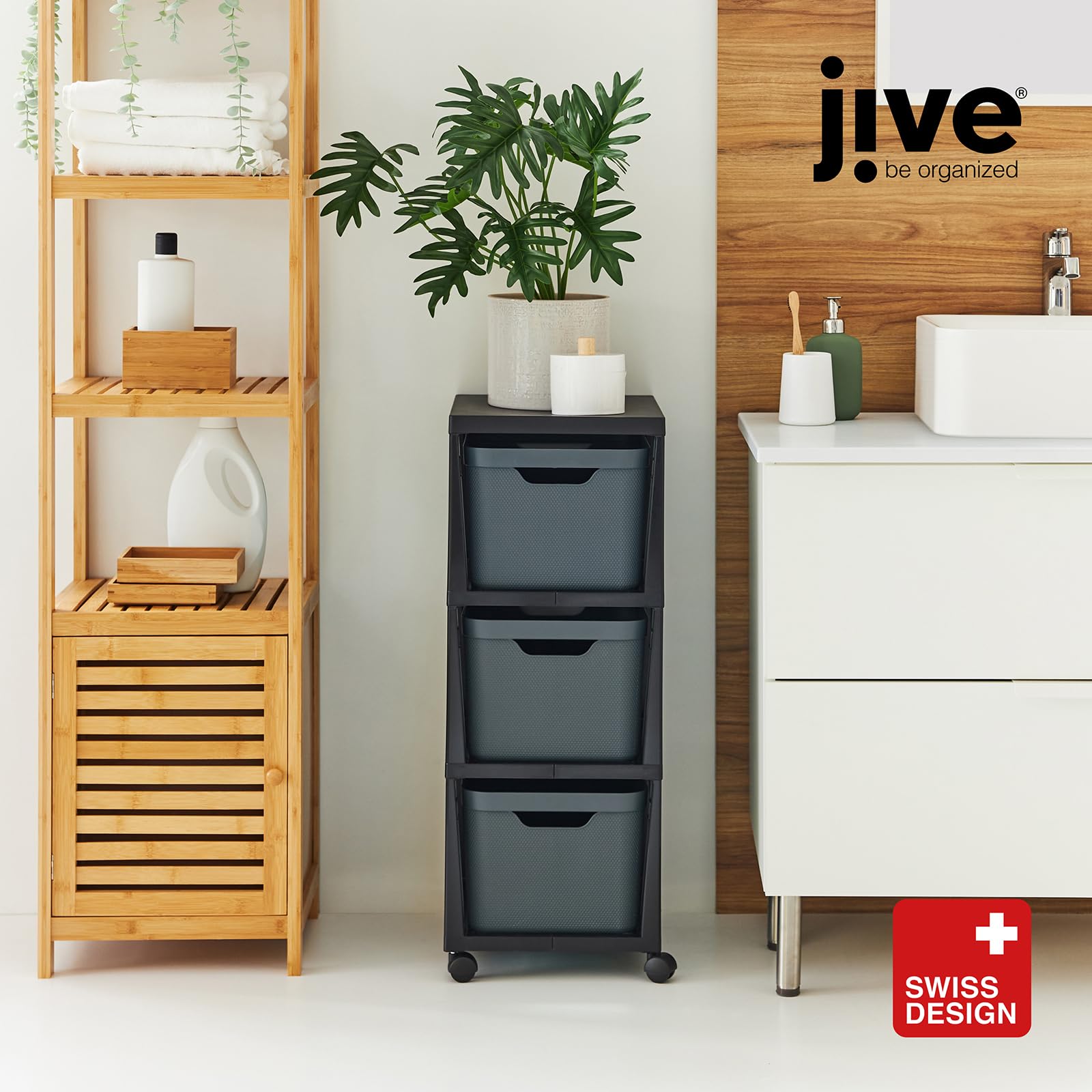 Rotho Jive Cajonera móvil con 3 cajones, 3 x 16l (37.9 x 30.4 x 32.9 cm) | Torre de almacenaje de plástico PP sin BPA con 4 ruedas giratorias para baño y cocina, diseño elegante en antracita y blanco