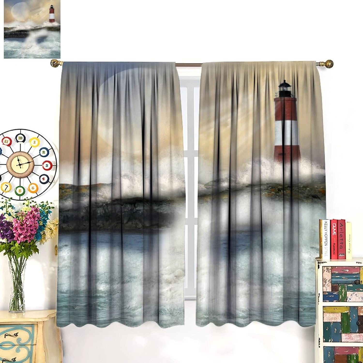 Lighthouse Curtains, Stormy Sea Splash Wave Moon and Lighthouse Oil Painting Style Art, Living Room Bedroom Blackout Noise Reduction Decorative Curtains Set of 2, 42 X 54 in. Ivory Blue