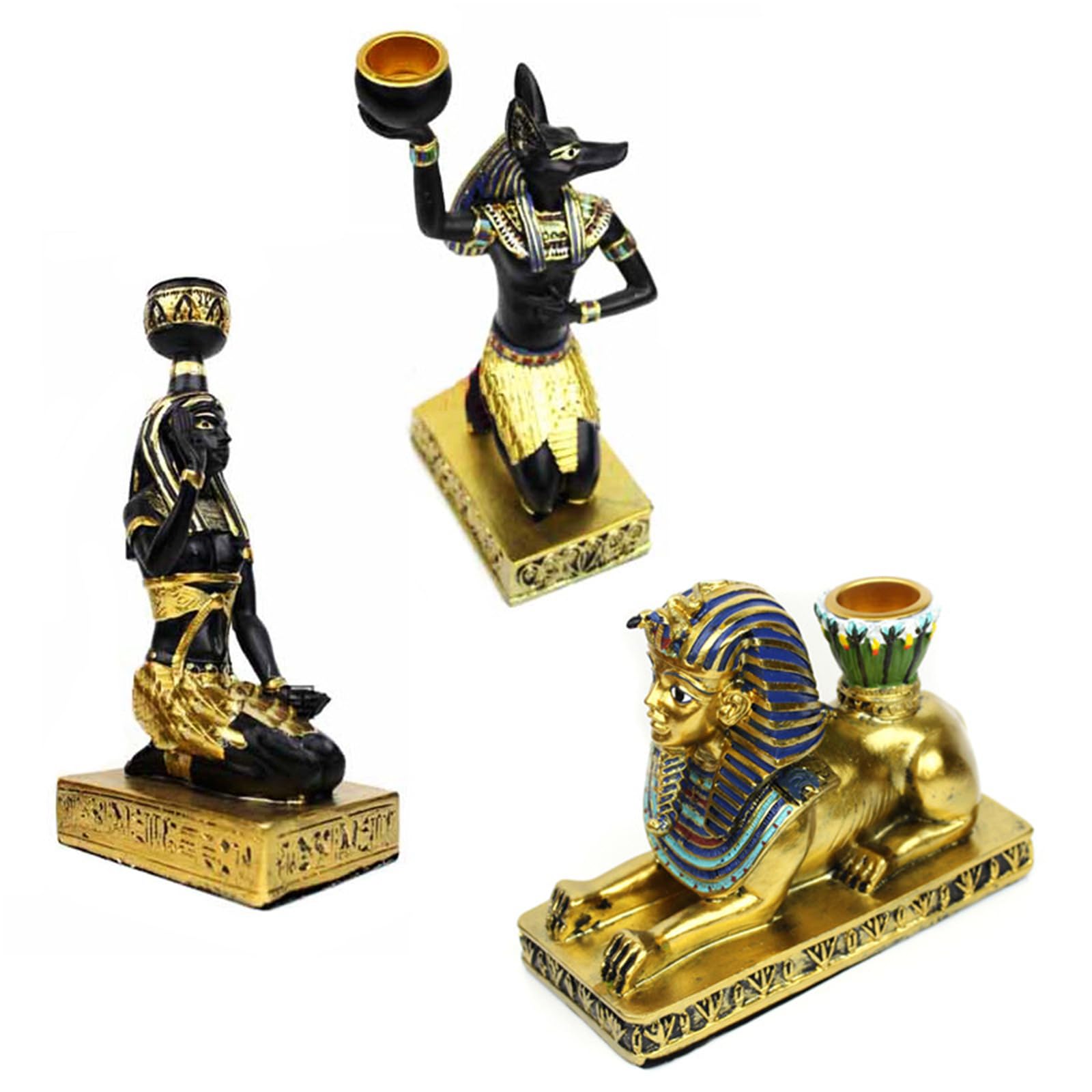 dDanke 3-Piece Egyptian Resin Candle Holder Set – Anubis, Goddess, and Sphinx Figurines – Ancient Style Decorative Candlesticks for Table or Shelf