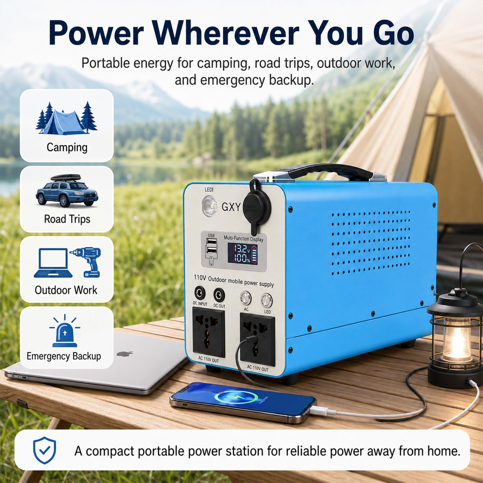 Estación de energía de Onda sinusoidal Pura de 300 W/500 W 500w | 2000 ciclos de vida, dos tomas de corriente alterna, salida para cochera de 12 V, para acampar y trabajar en el campo.