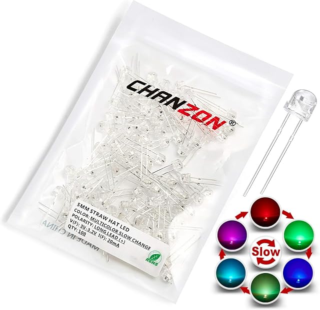 Chanzon 100 pcs 5mm RGB Multicolor Slow Flashing (Multi Color Changing) Dynamics LED Diode Lights (Blinking Straw Hat) Bright Lighting Bulb Lamps Electronics Components Filcker Light Emitting Diodes