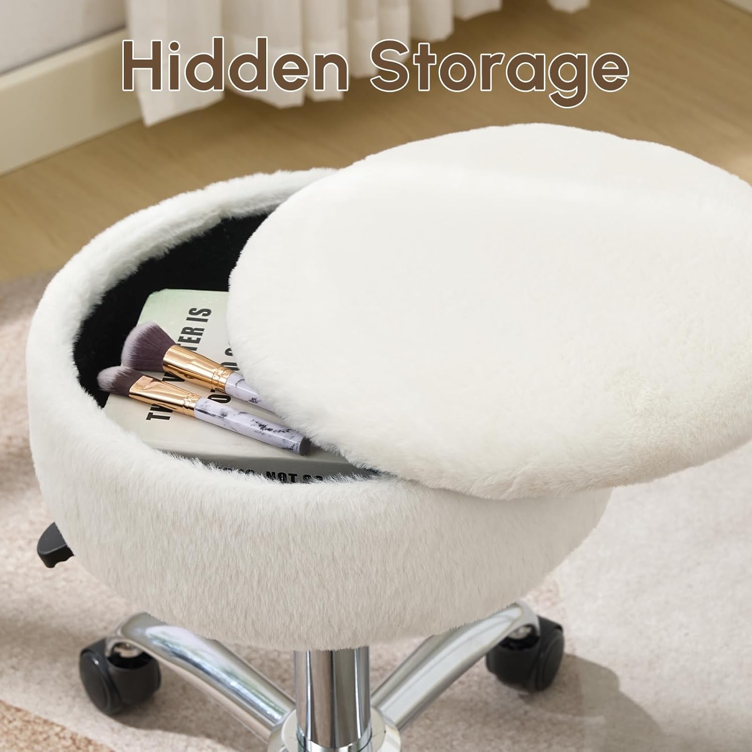 Gitrah Vanity Chair with Wheels Adjustable Vanity Stool with Storage Swivel Vanity Stool for Vanity Rolling Makeup Stool Chair Faux Fur Off White