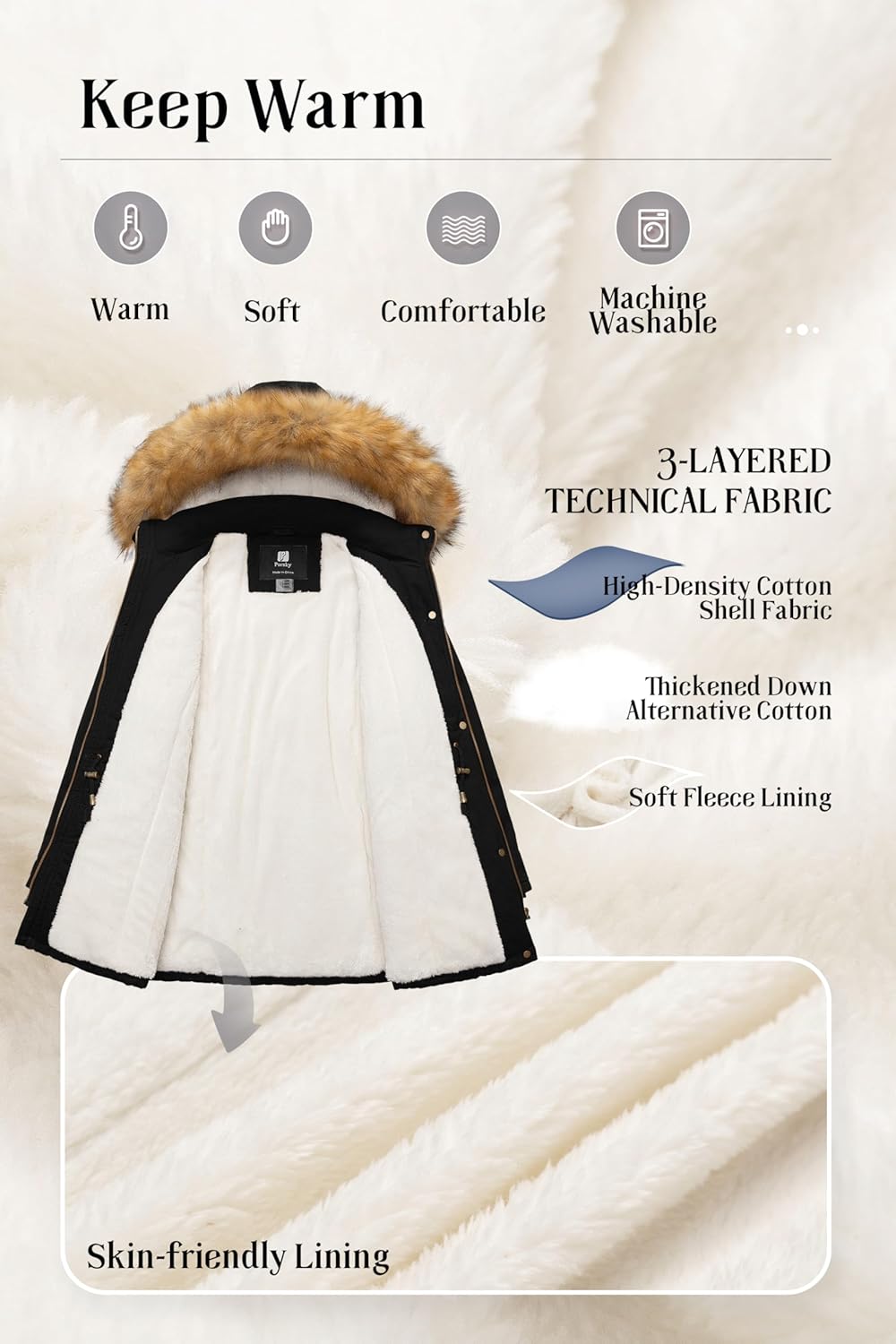 Pursky Women's Winter Coat Sherpa Lined Cotton Military Jacket Thicken Heavy Parka with Removable Faux Fur Hood - Image 3