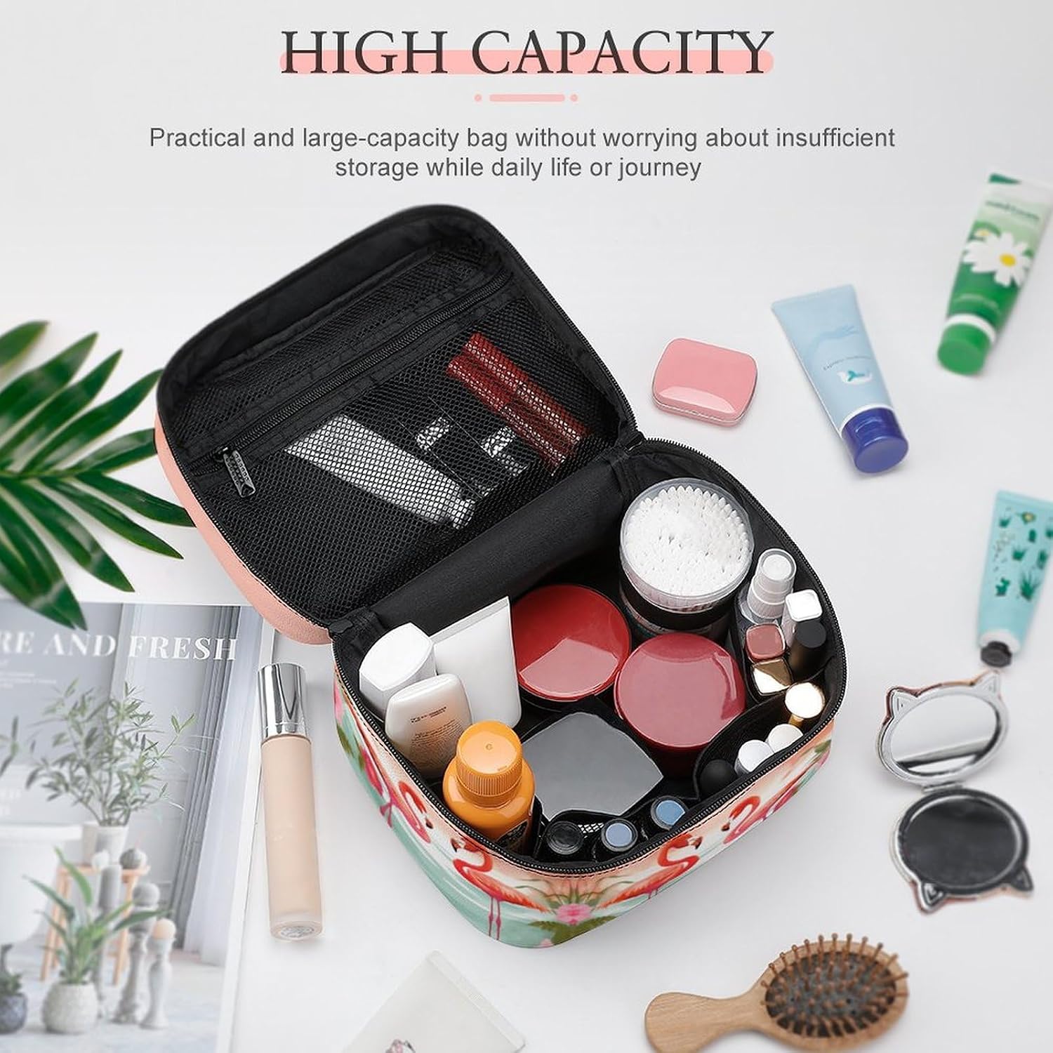 Travel Makeup Bag Portable Large Cosmetic Bag with Handle And Compartment image 4