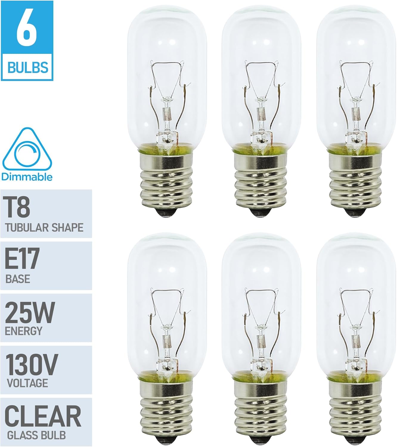 KOR (Pack of 6) 25-Watt T8 Tubular Indicator Intermediate (E17) Base - 25W Appliance/Microwave Incandescent Light Bulb (25)