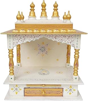 Handpainted Wooden Home Temple | Mandir for Home, Office and Gift, Pooja Mandir | Home Mandapam for Pooja Religious Pack of 1, Golden White