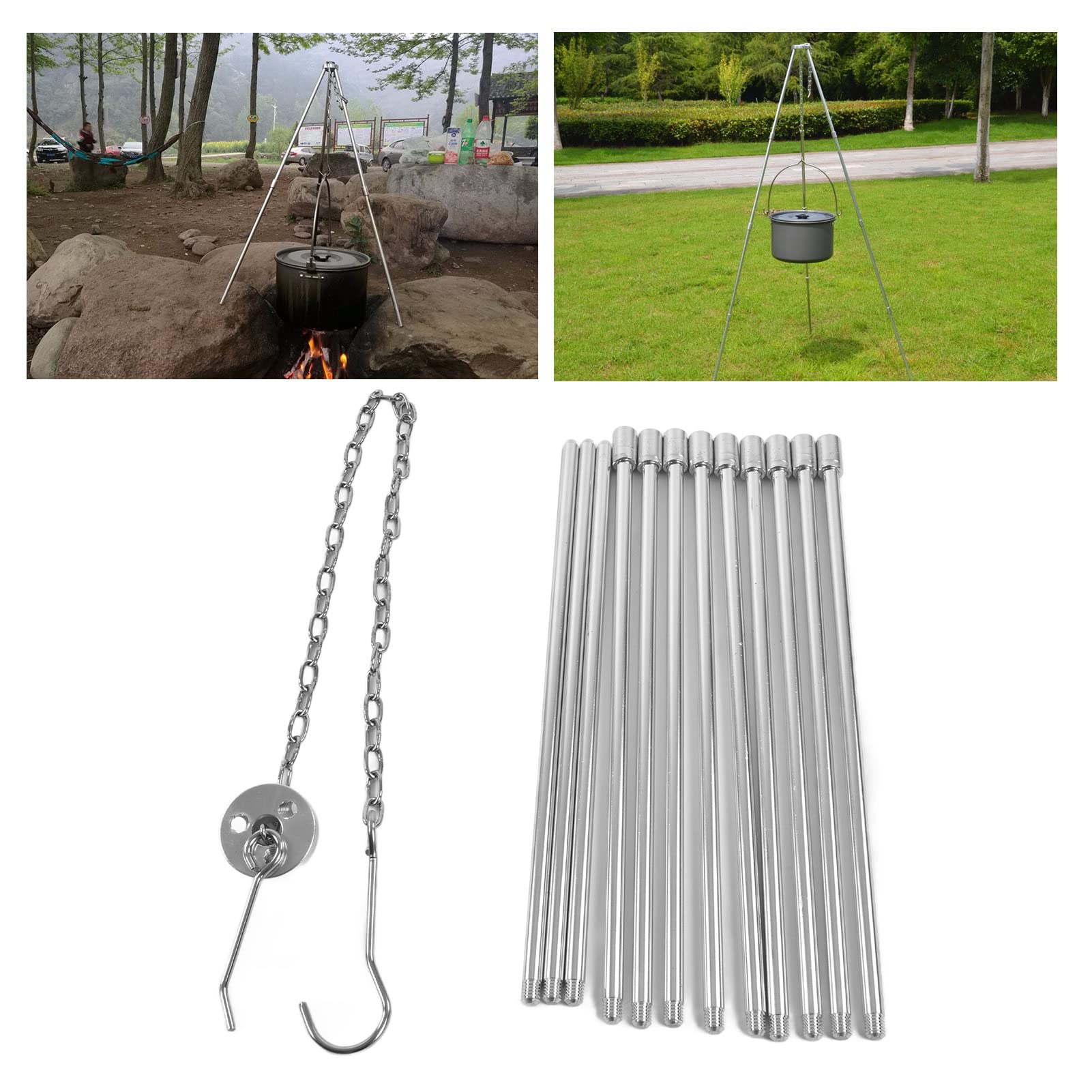 Topyond Campfire Tripod, Adjustable Fire Pit Grill for Cooking, 4 Section Durable Aluminum Alloy Tripod, Portable Campfire Cooking Tool for Outdoor Camping