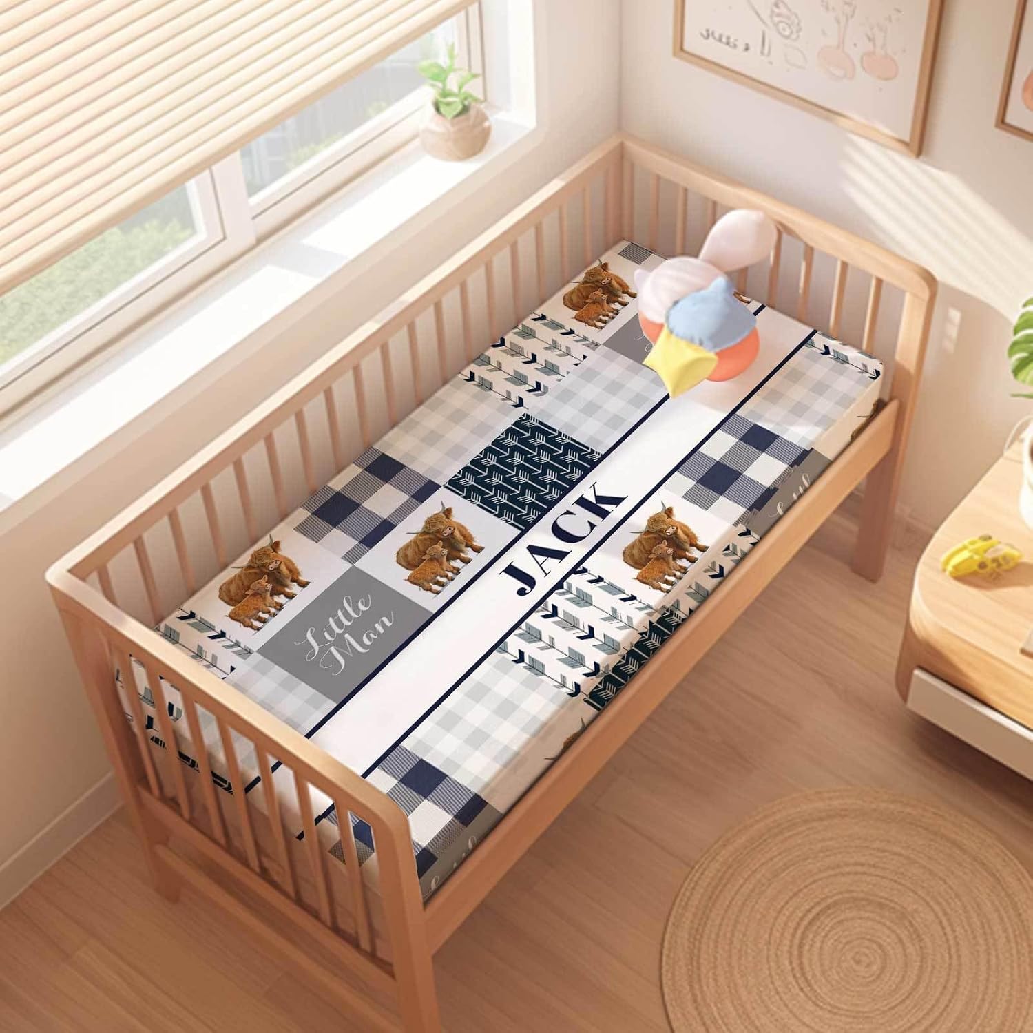 Custom Name Highland Cow Blue Baby Crib Bedding Set – Personalized 2-Piece Nursery Bedding for Boys, Flannel Blanket & Fitted Crib Sheet, Soft Infant Toddler Nursery Gift