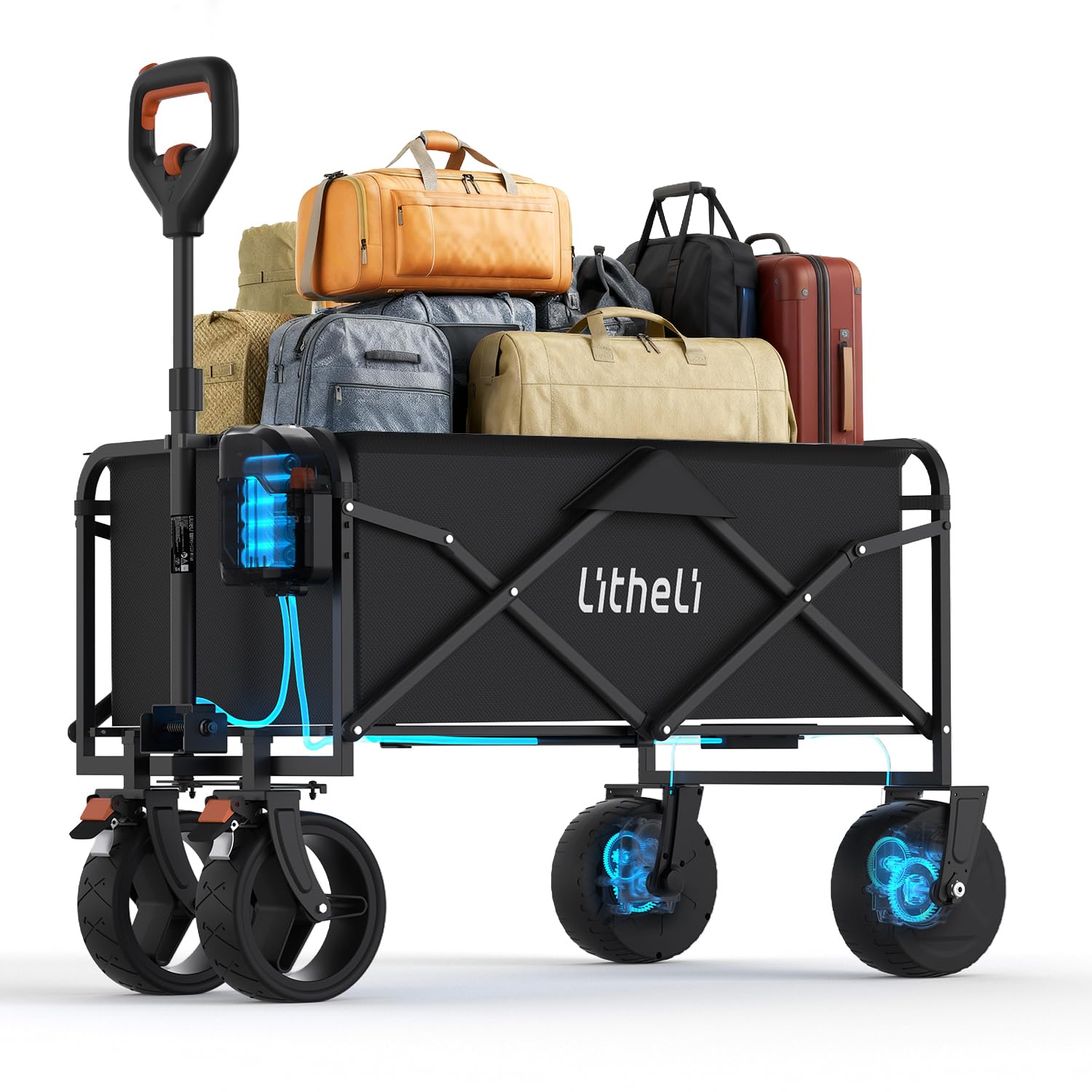 Litheli Carrello elettrico pieghevole, con motore e freni, portata 100 l, 50 kg, adatto per campeggio, giardino, spiaggia, shopping (nero, W1 Go, senza batteria)