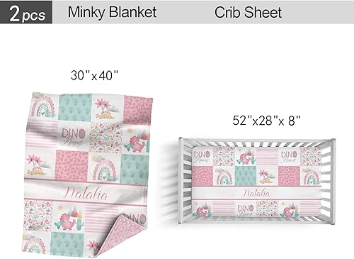 Miniatura 4 de Juego de ropa de cama para cuna, 2 piezas, rosa dinosaurio, diseño personalizado a cuadros para niñas