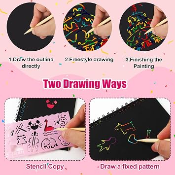 Scratch Art, Rainbow Scratch Paper, Scratch Art Party Bag Fillers, Scrape it Off Paper Crafts Notes, Arts and Crafts Kits for Doodles, DIY Paintings(16 Pack)
