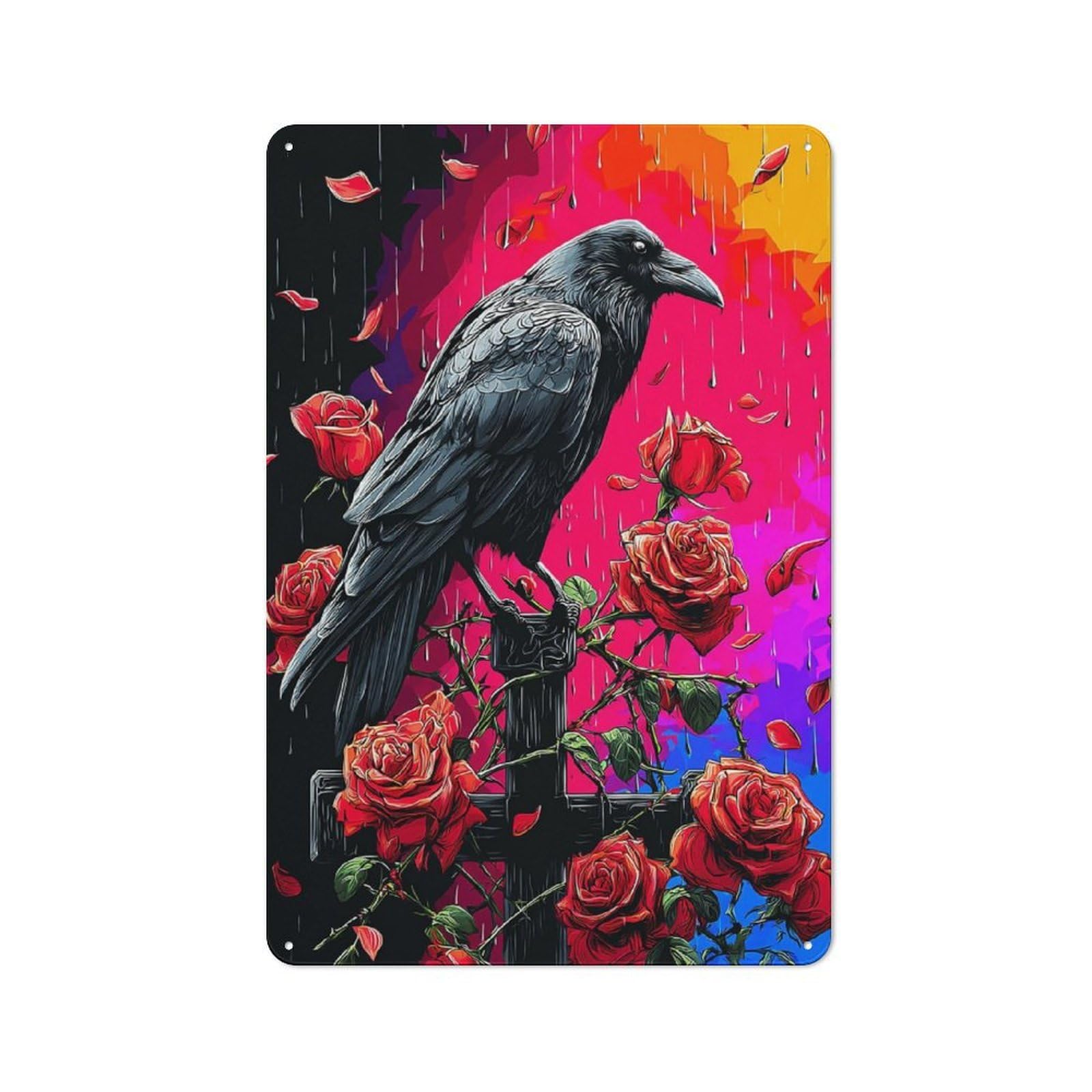 Junmoney Raven Amidst Falling Petals Vintage Tin Sign 30X20cm, Rustic Bistro Wall Plaque For Kitchen, Cafe, Pantry Or Dining Room