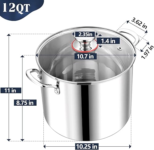 Miniatura 2 de P&P CHEF Olla de acero inoxidable de 12 cuartos de galón con tapa, olla grande para cocinar sopa de pasta, utensilios de cocina para estufas
