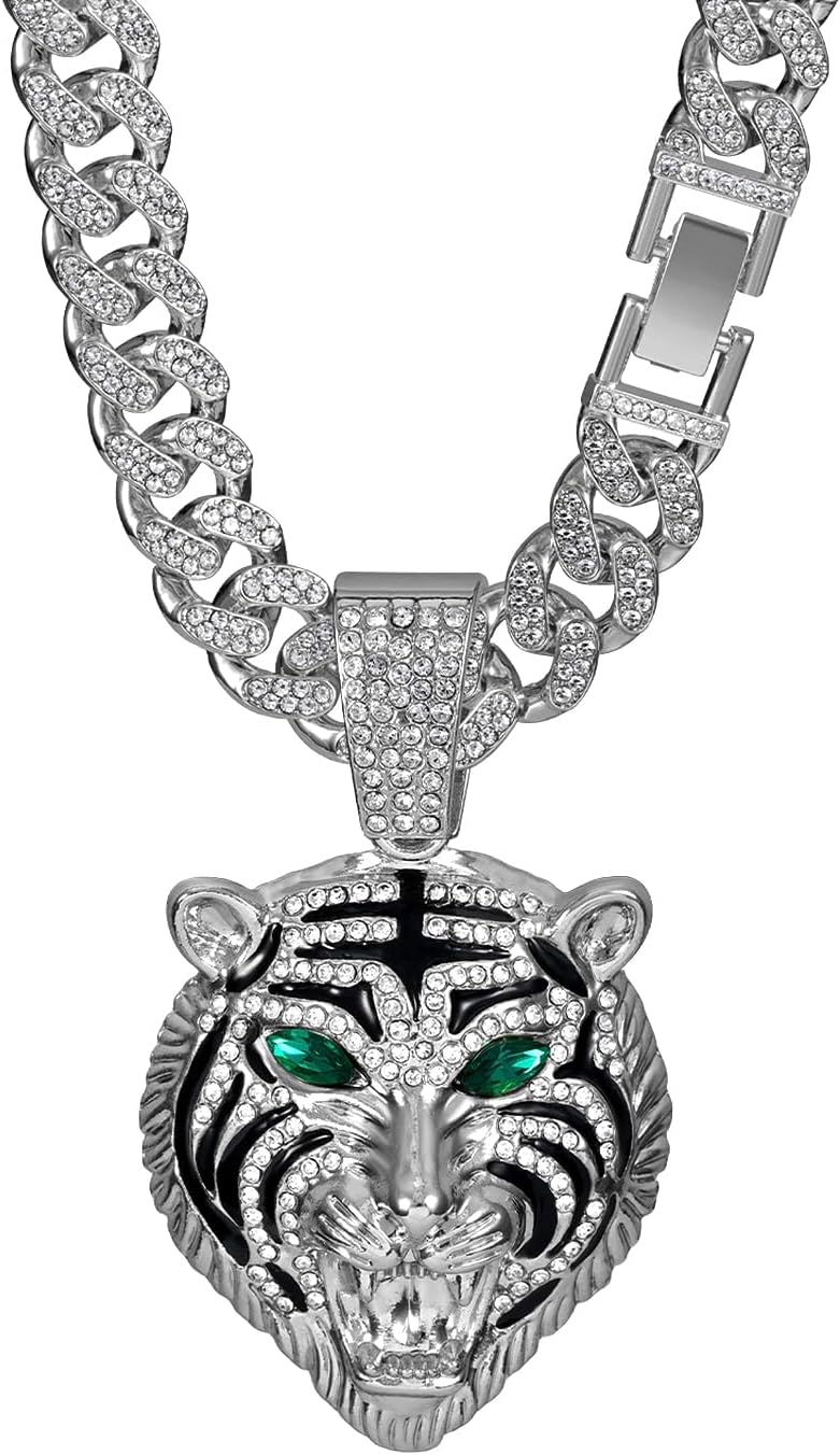 Miami Cuban Chain Ice Tiger Head Miami Cuban Link Chain Necklace - Gold/Silver Plated Cubic Zirconia Hip-Hop Jewelry Gift For Men