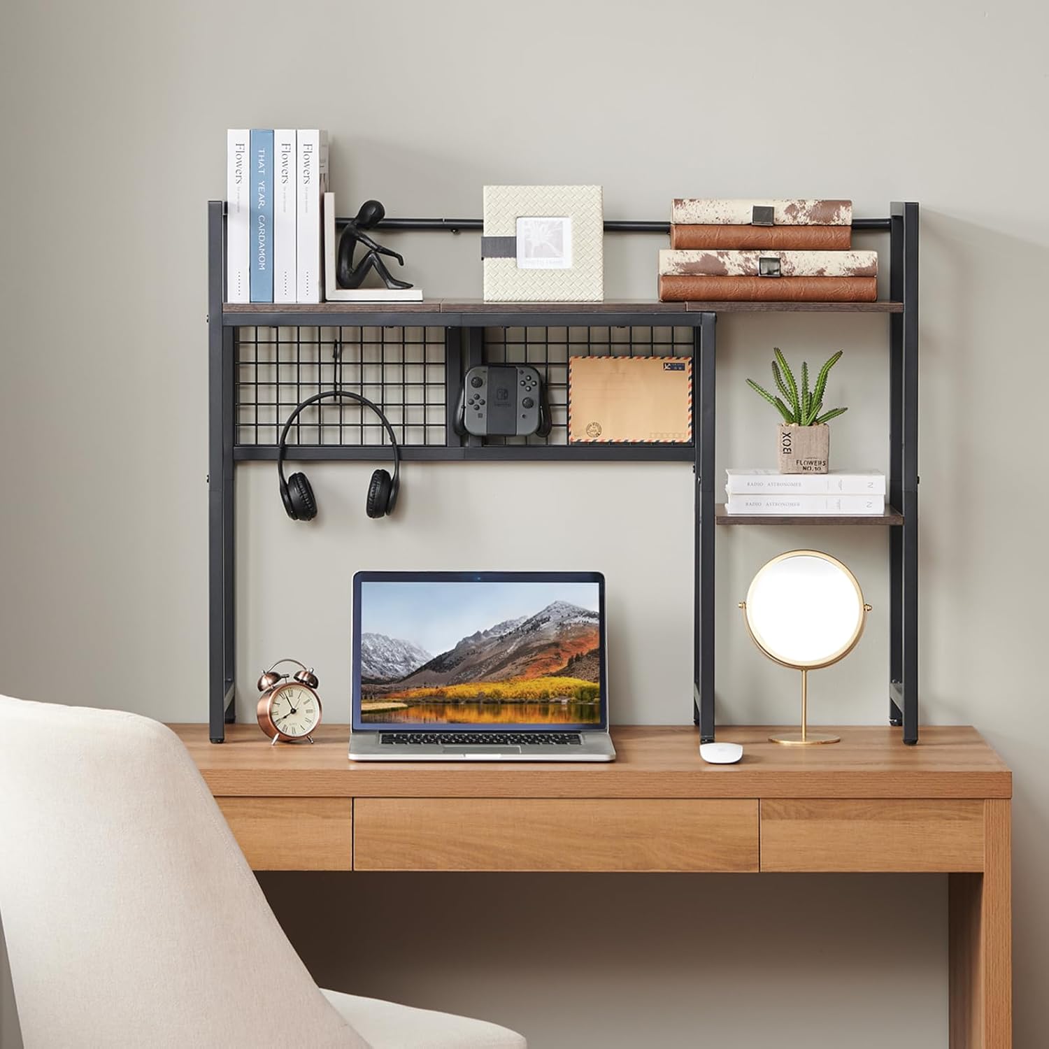 4-Tier Desk Hutch Shelf with Grid Panel, 39” Desktop Bookshelf for Monitor, Office & Home (Rustic Brown, 39")
