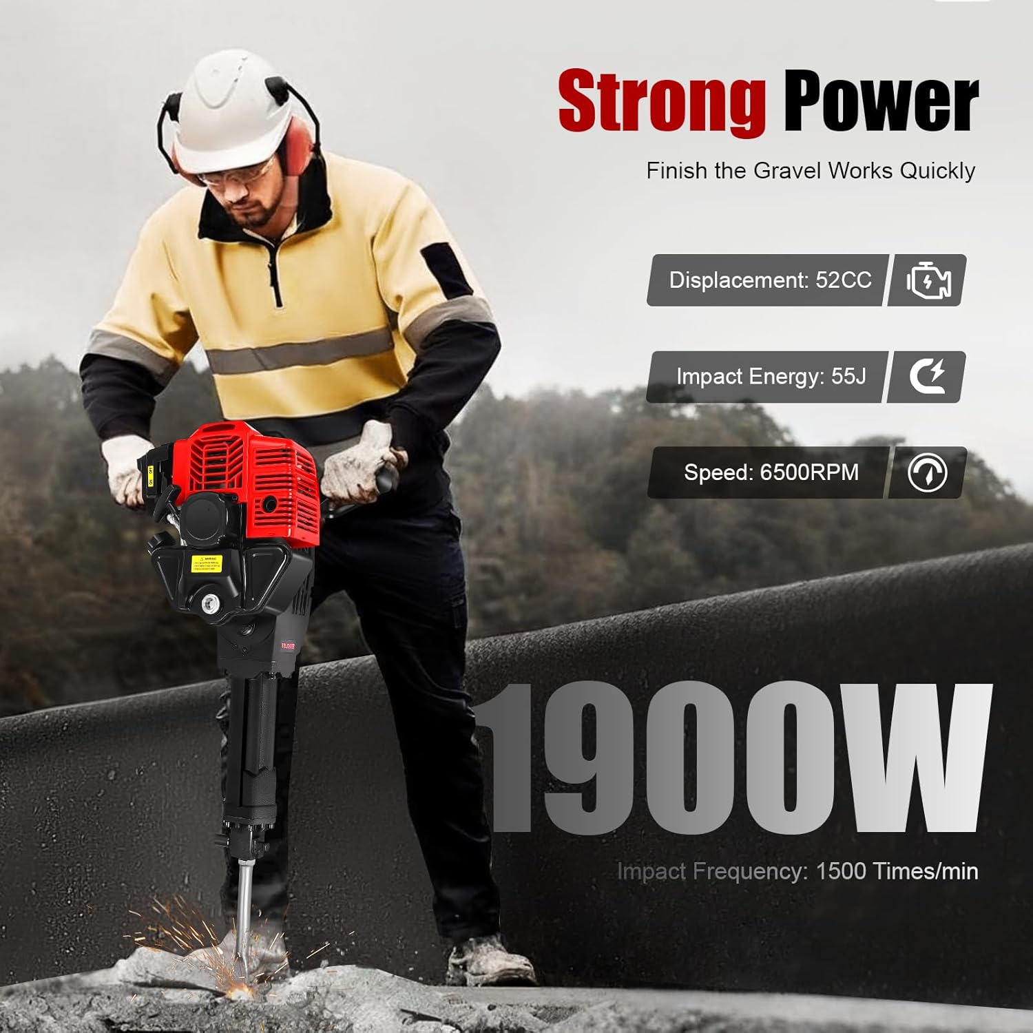52CC Two-Stroke Jack Hammer, Hand Pull Gasoline Powered Jack Hammer Concrete Breaker with Pointed Pickaxe and Flat Pickaxe, Portable Gas Demolition Chipping Hammer, 6500RPM, 1500 Times/min