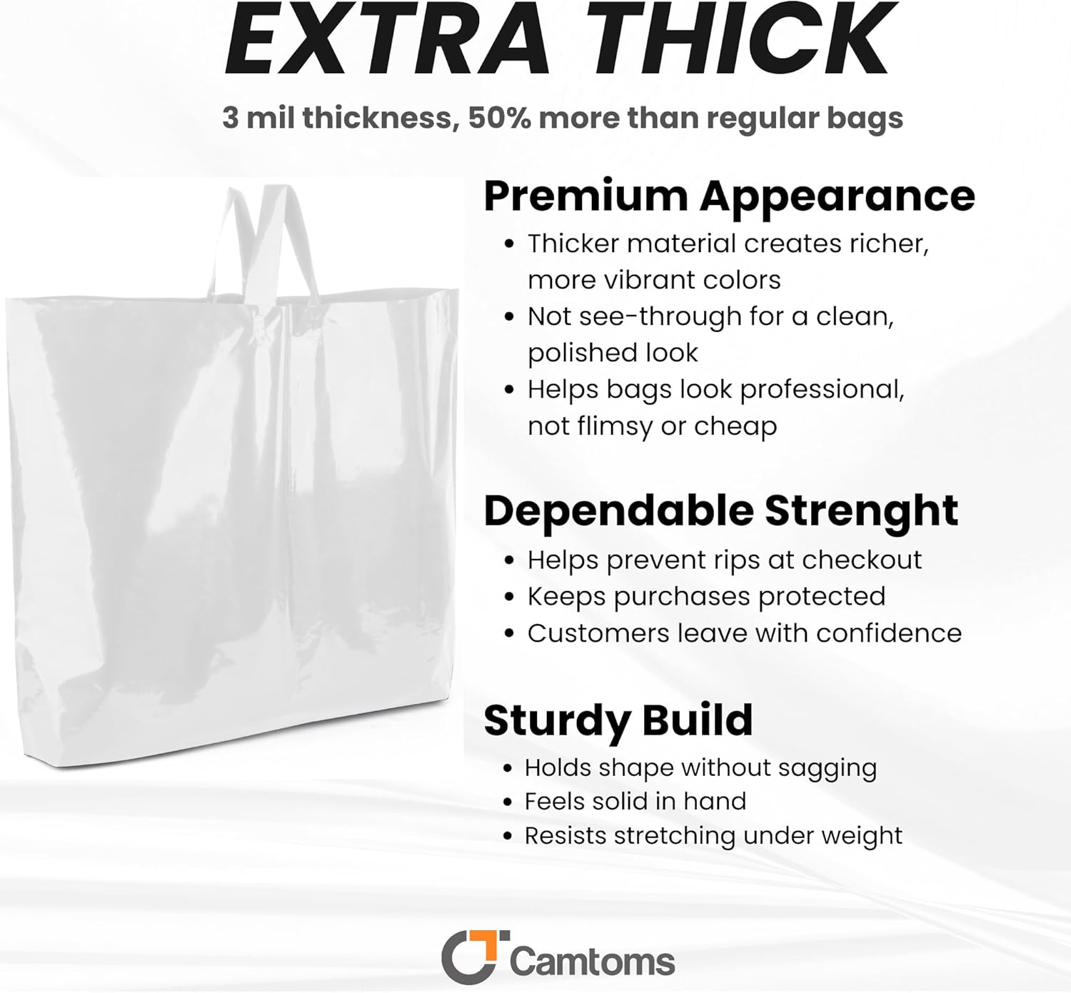 Large Plastic Shopping Bags with Handles - Extra Large Shopping Bags for Small Business– Extra Thick 3 Mil Black Merchandise Bags, for Boutique & Retail – Bulk Heavy Duty Glossy Gift Bags (60, White)