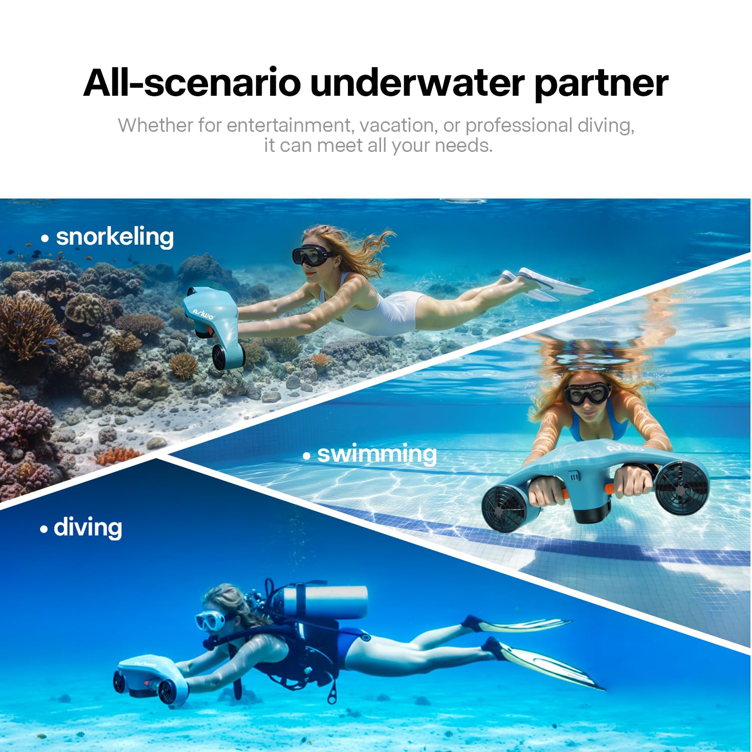 Asiwo Manta 2 Scooter Submarino, Propulsor Acuático de Doble Motor con Soporte para Cámara de Acción, Potente Seasooter para Buceo, Snorkel y Natación