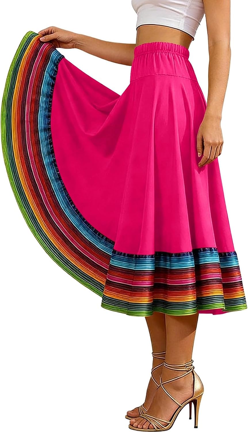 Oplxuo Women's Boho Maxi Skirt Elastic Waist Flowy A-Line Long Skirt with Colorful Striped Hem