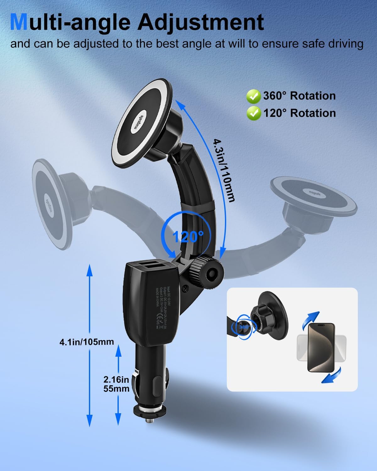 Magnetic Phone Holder for Car Cigarette Lighter [Dual USB Fast Charging] Cigarette Lighter Socket Phone Mount Charger with Adjustable Arm, for iPhone 16 15 14 MagSafe Car Mount