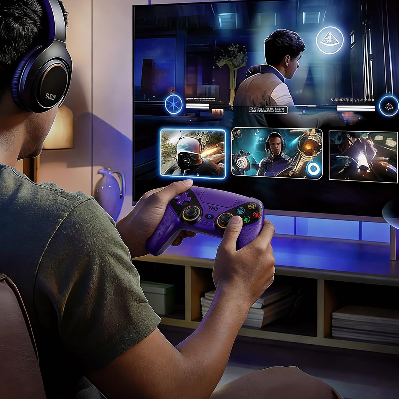 Controller wireless per PS5/PlayStation 5 e PC - Viola, gamepad Bluetooth con Turbo, sensore di movimento a 6 assi, pulsanti programmabili, illuminazione RGB, jack audio da 3,5 mm