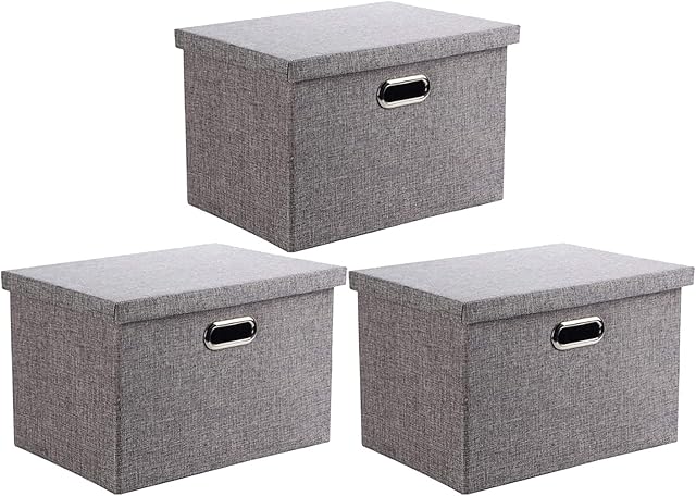 Wintao Storage Boxes with Lids, Storage Baskets for Shelves Toy Box Collapsible Fabric Bins Home & Office Decorative Storage Box Grey Extra Large 44x31x29cm 3-Pack