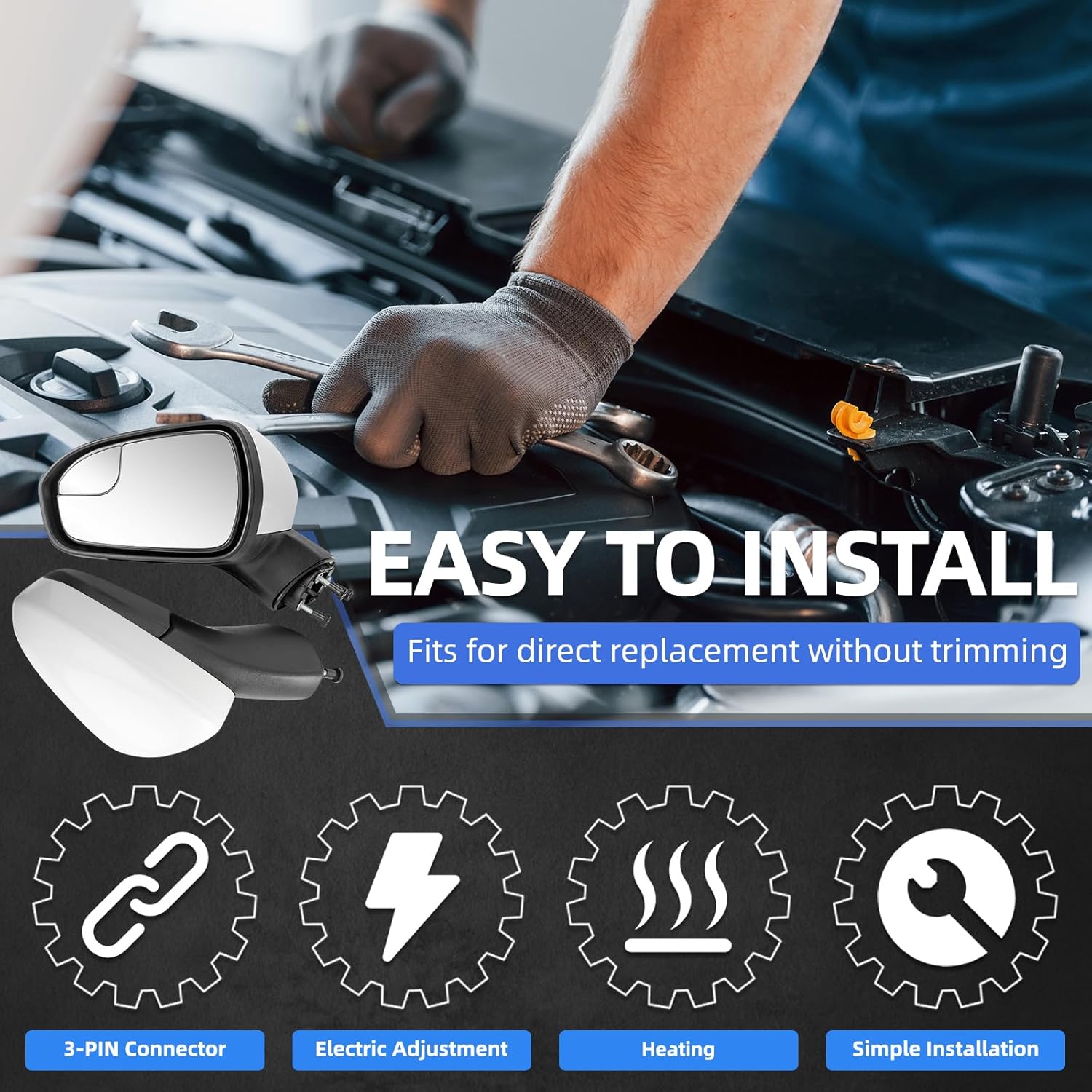 Left Driver Side Rear View Mirror Replacement for Ford Fusion 2016 2017 2018 2019 2020 2021 2022- Rearview Mirrors with 3Pins, Electric Adjustment, white