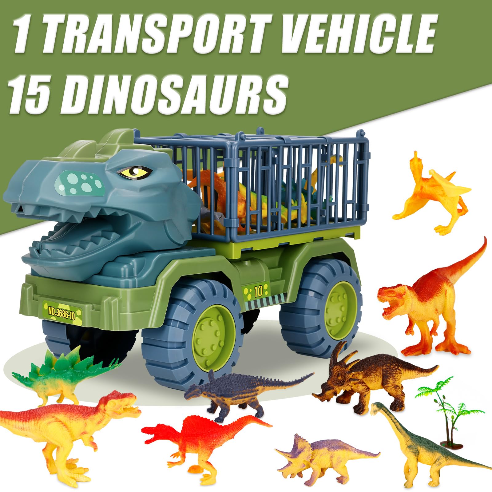 Camión Transportador de Dinosaurios,Juguete de Camión de Dinosaurio,Transportador de Autos Dinosaurios para Niños,Transportador de Coches con 15 Animales de Juguetes Dinosaurios Juegos Set Caja