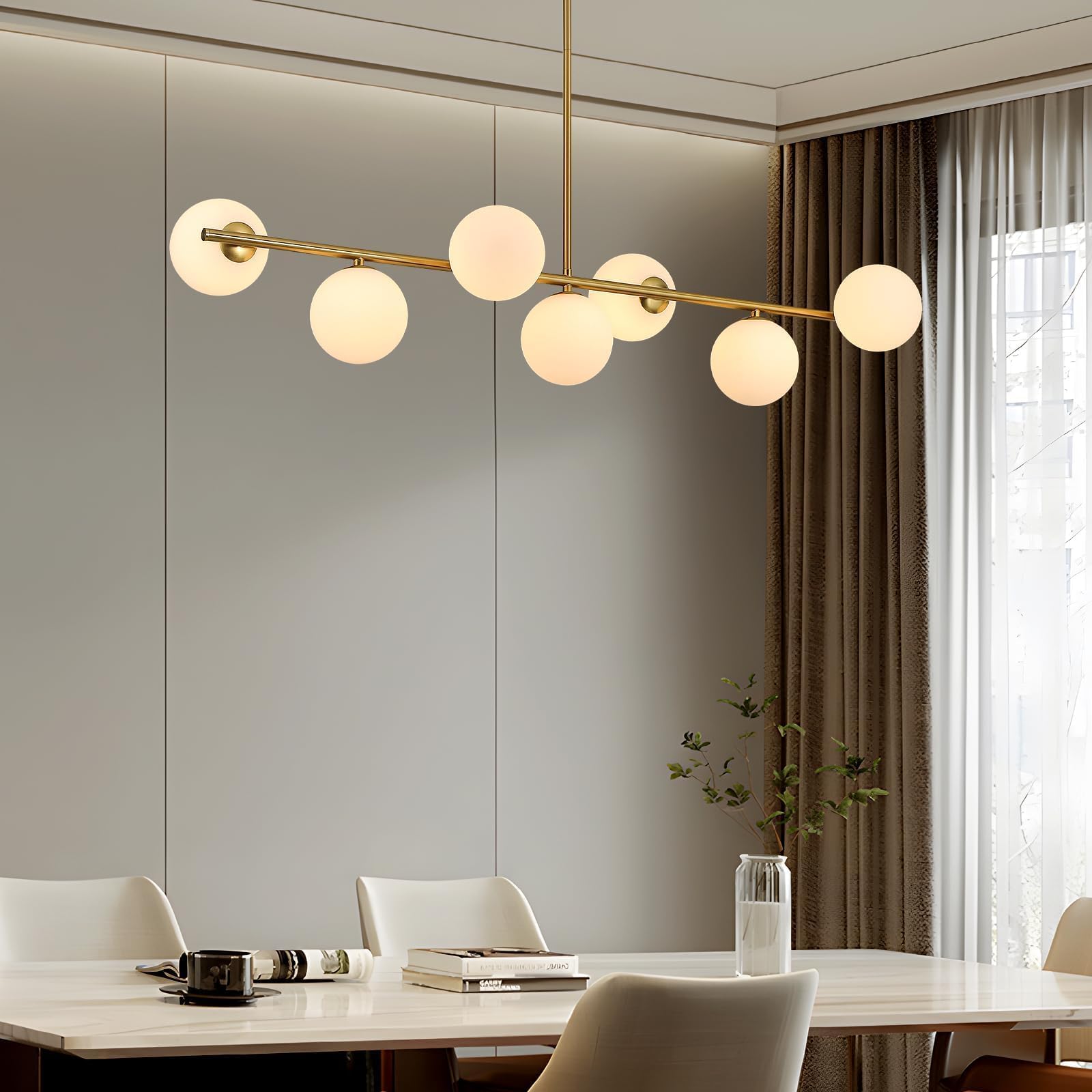Moderne Pendelleuchte Wohnzimmer Gold,7 WeißE KugelföRmige Glas Lampenschirme Kronleuchter,HäNgeleuchte Zur Dekoration Des Schlafzimmer,Esszimmerlampe,G9 Fassung Esstischlampe,Hotel,KüChe