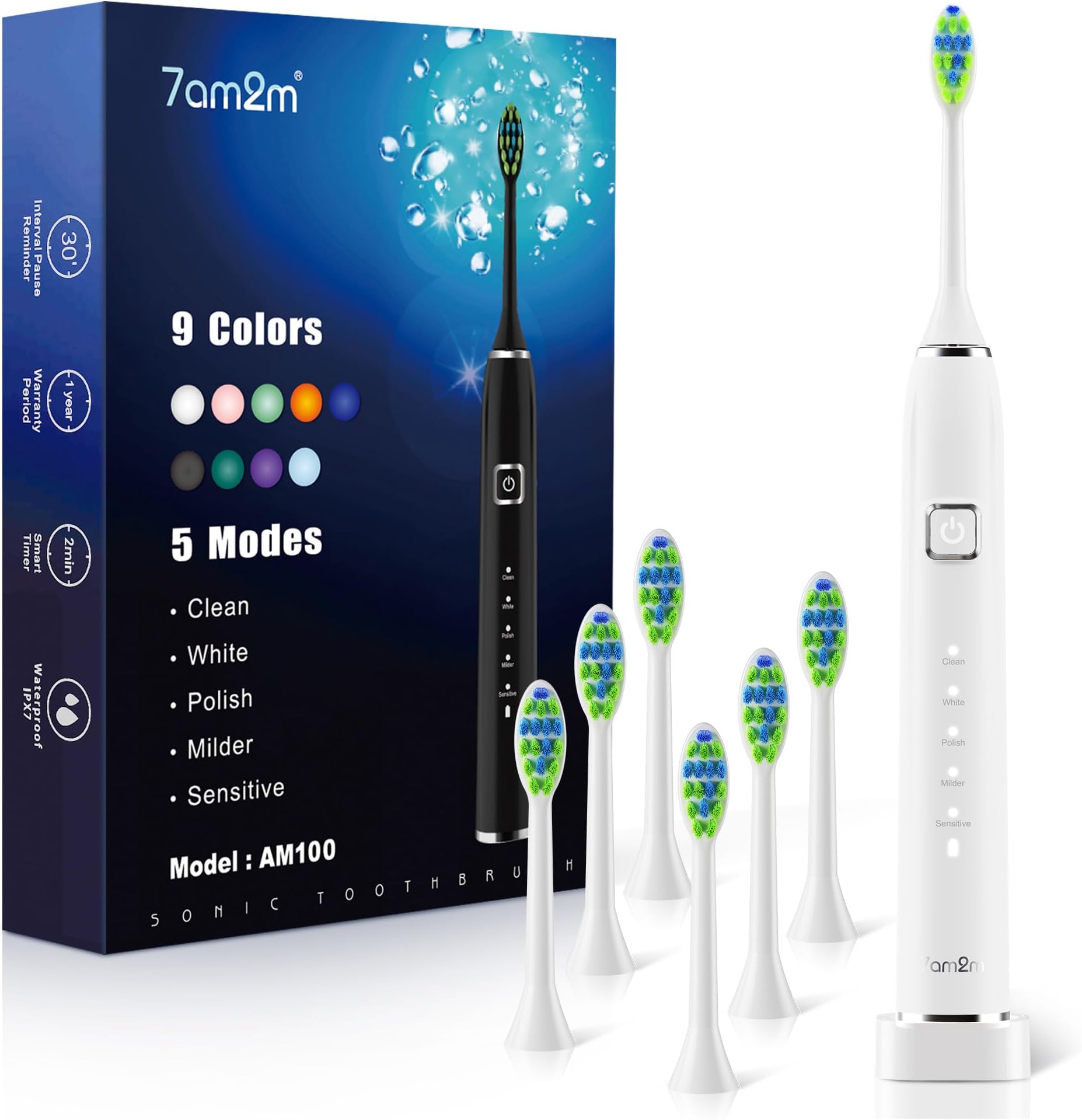 7AM2MSonic Electric Toothbrush with 6 Brush Heads for Kids and Children, One Charge for 90 Days, Wireless Fast Charge, 5 Modes with 2 Minutes Build in Smart Timer, Electric Toothbrushes(White)