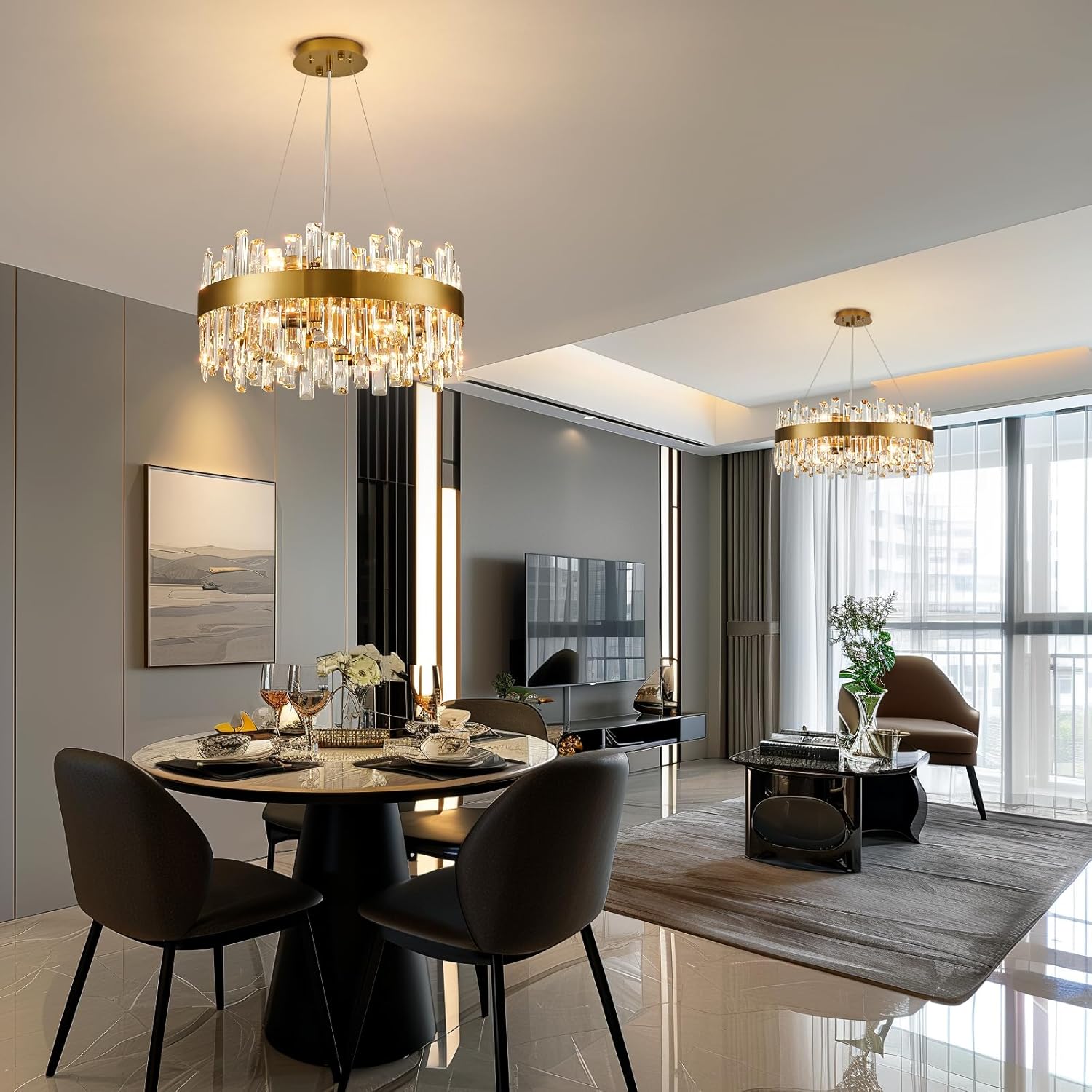 Siljoy Modern Crystal Chandelier, 12-Light Dimmable Brass Gold K9 Crystal Raindrop Chandelier, Luxury Adjustable Crystal Pendant Ceiling Light for Living Dining Room Kitchen Island Entry Foyer D19.7'' Round D19.7'' Gold (Only Clear Crystal)