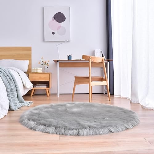 Vista 34 de duduta Tapete redondo de piel de oveja sintética color púrpura de 4 x 4 pies, peludo y mullido, lavable a máquina