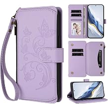 ONV Wallet Flip Case for iPhone 17 6.1" Zipper Pocket Butterfly Purple | Leather Flip Protective Cover Shockproof Wrist Strap Multi Card Holder Kickstand Magnetic Closure Cover for Women Men [21]