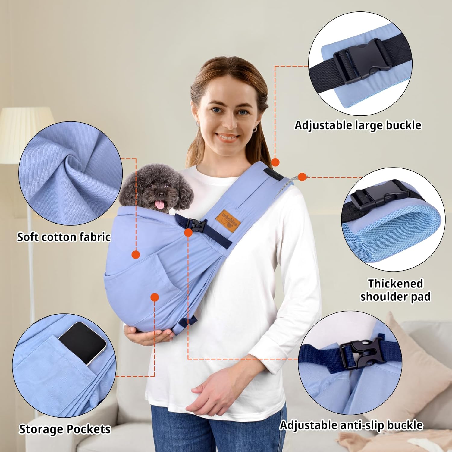 Pet Sling Carrier for Small Dogs Cats, Adjustable Dog Swaddle Carrier, Outdoor Easy Wearing Front Puppy Cat Pouch Sling Up for 10 lbs (Blue)