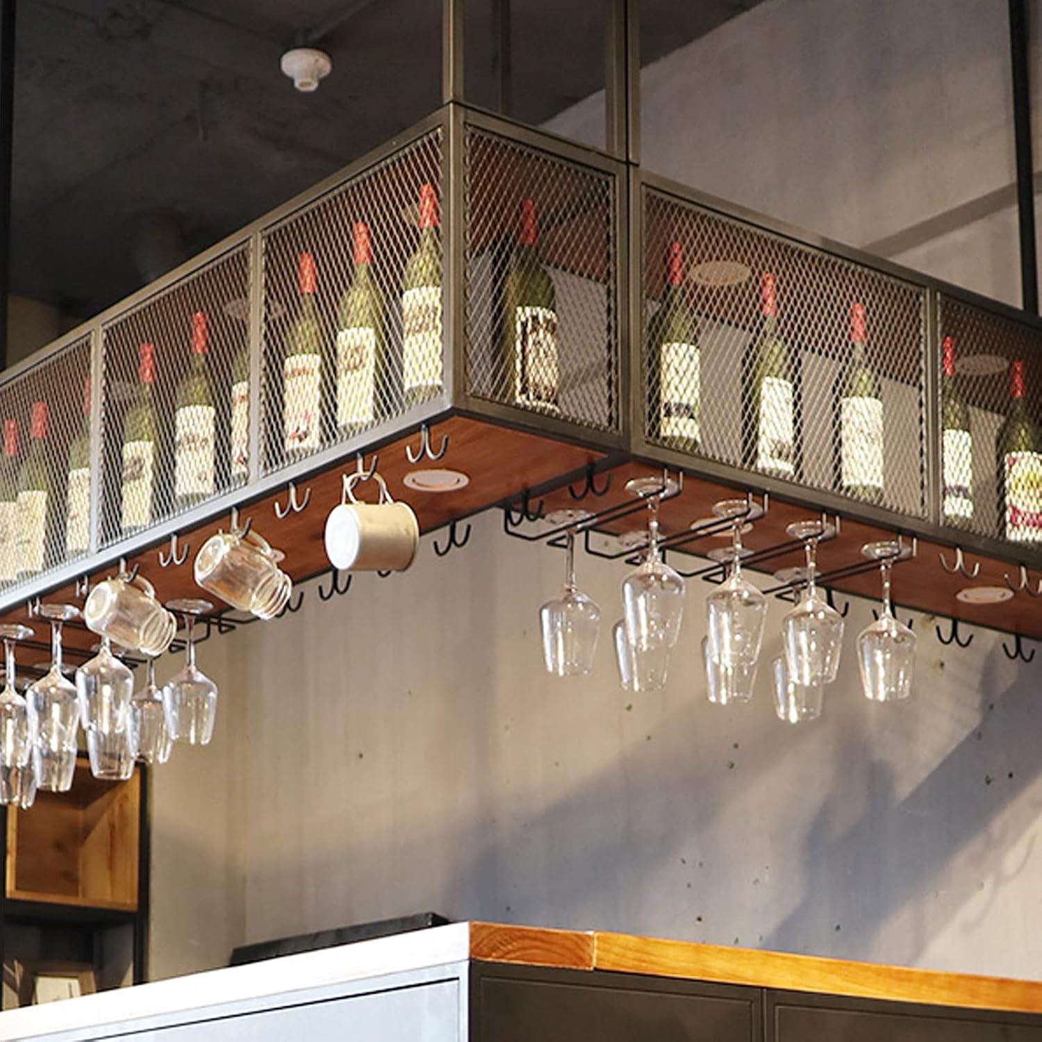 Rackall Mounted - Rack Iron Hanging Glass Rack, Ceiling Rack Multifunctional Decoration Storage Shelves for Kitchen Bar Restaurant