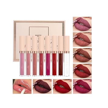 Matte Liquid Lipstick Set for Girls & Women, 8Pcs Lip Gloss Lip Stick Makeup Gift Kits Long-Lasting Waterproof Non-Stick Cup Lip Glaze Set, Velvet Nude & Dark Red Lip Gloss Set for Women