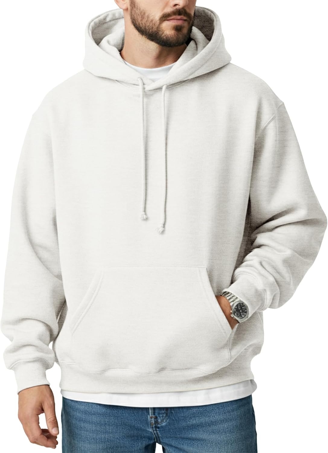 Ohoo Mens Relaxed Fit Pullover Hoodie Cotton Blend Thick Heavyweight Fleece Lined Casual Hooded Sweatshirt Soft Fabric