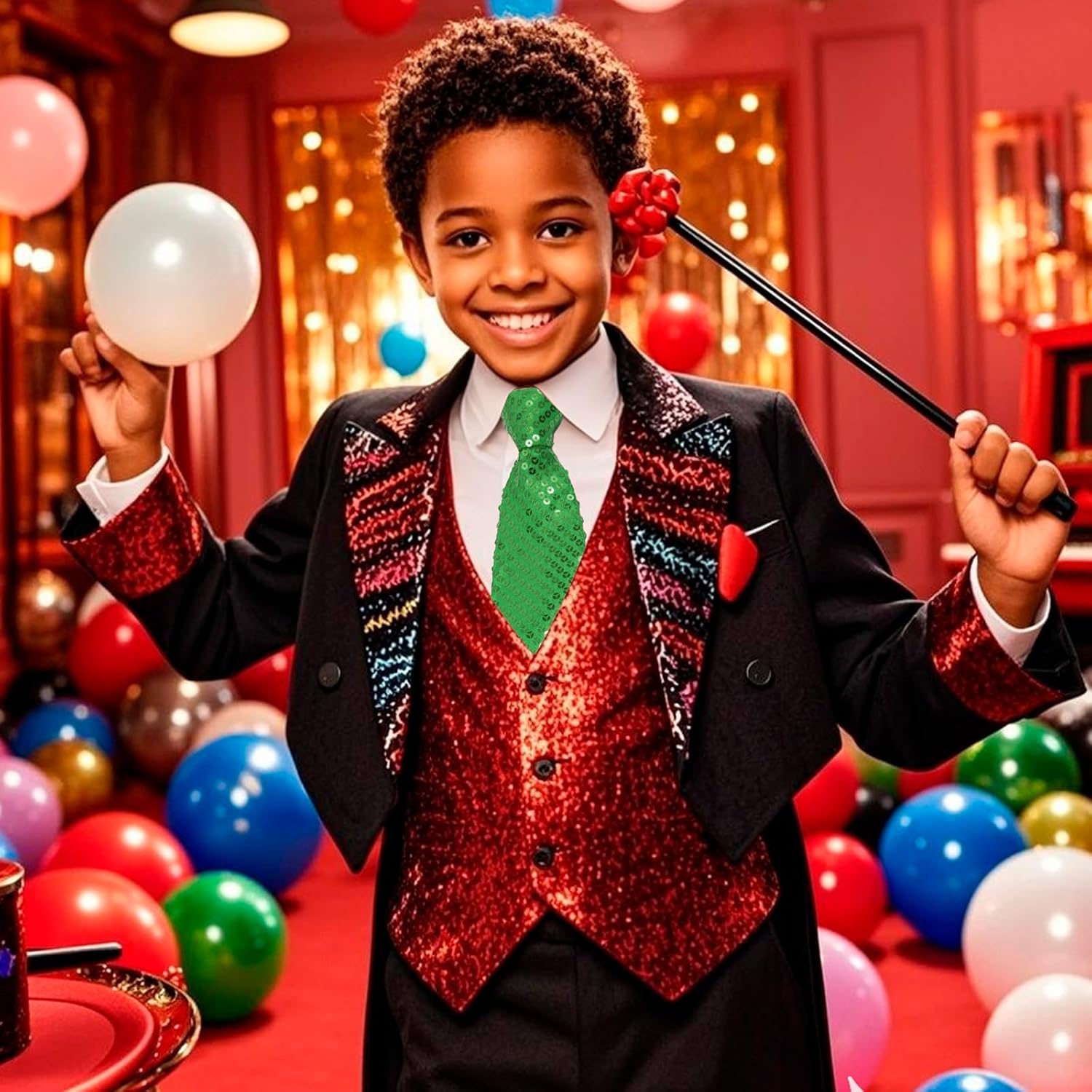Sequins Zipper Tie for Boys, Adjustable Pre-Tied Stage Performance Shinning Women Tie (Green)